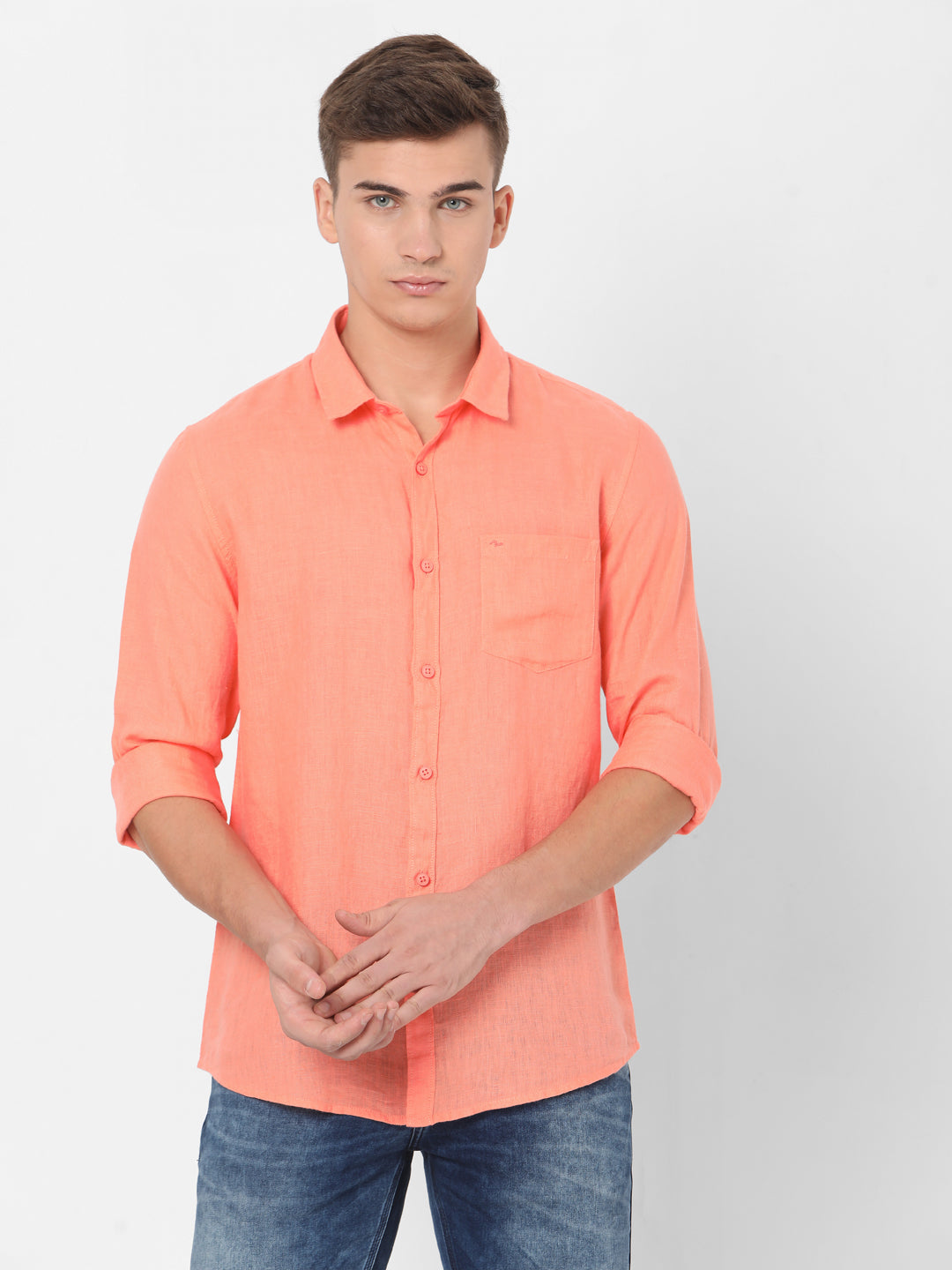 Spykar Slim Fit Men Peach Orange Cotton Casual Shirts