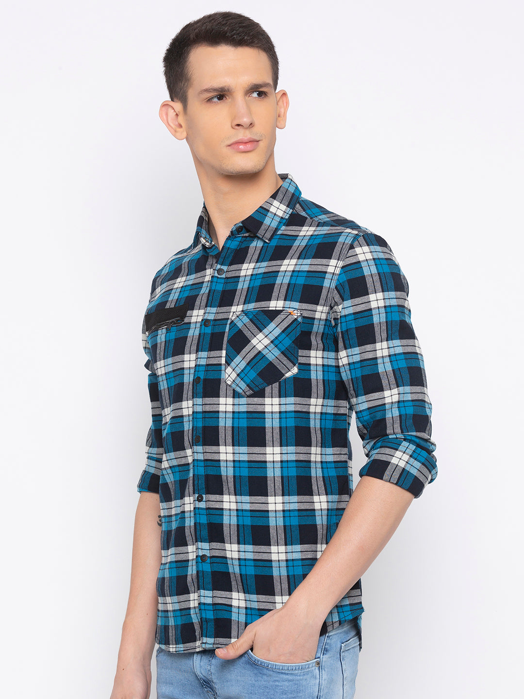 Spykar Men Blue Checked Slim Fit Casual Shirt