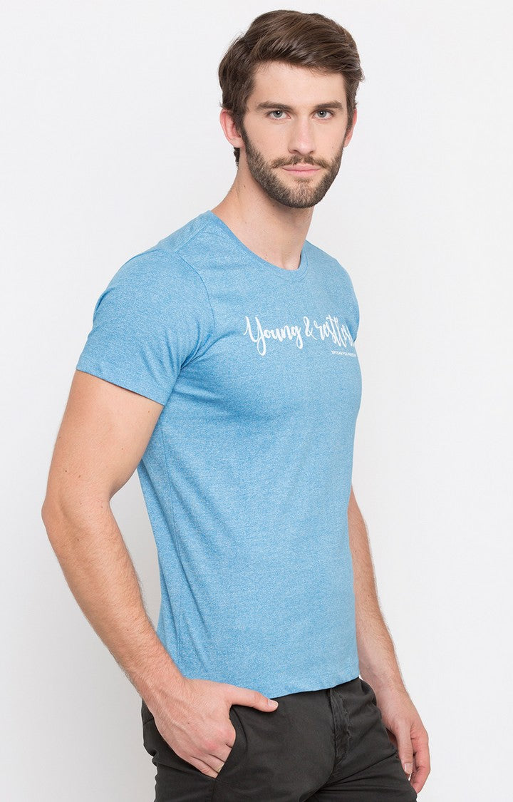 Spykar Blue Cotton Slim Fit T-Shirt For Men