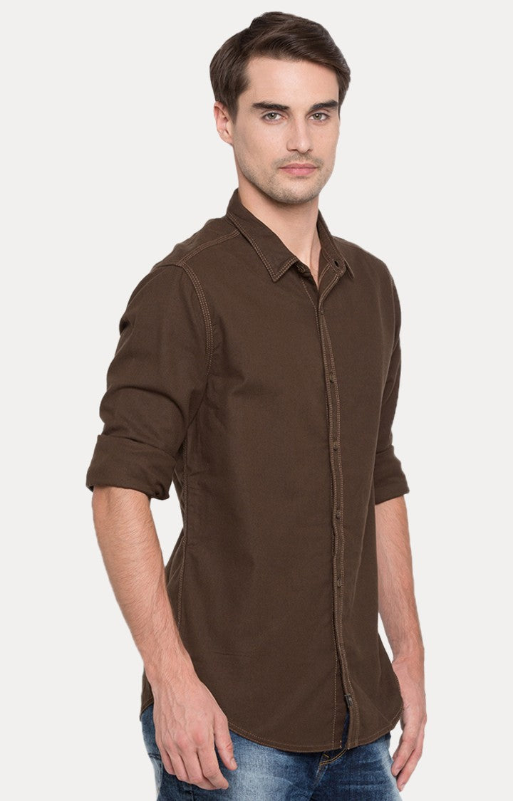 Spykar Men'S Brown Cotton Solid Casual Shirts