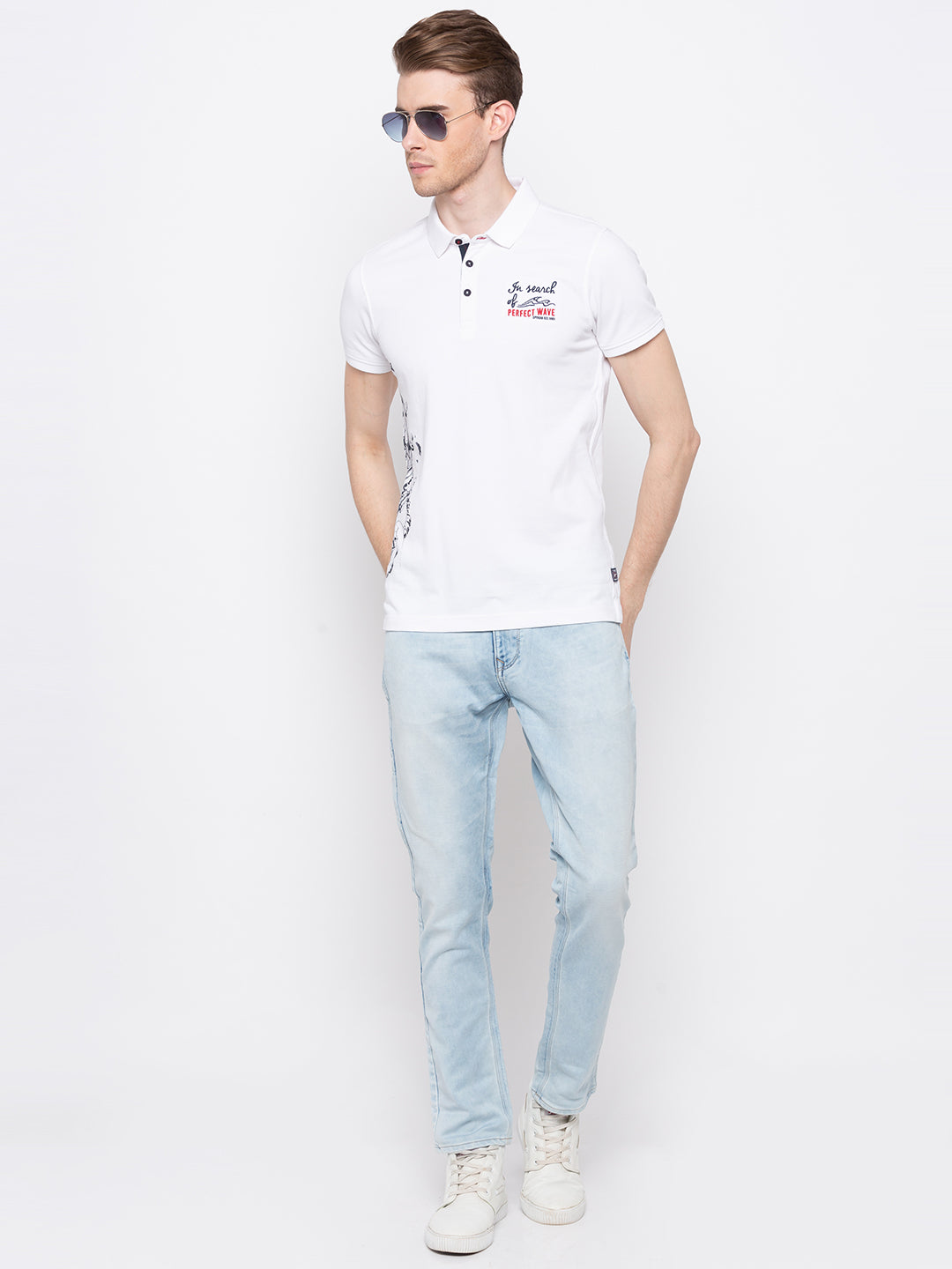 Spykar Men White Cotton Slim Fit Polo T-Shirt