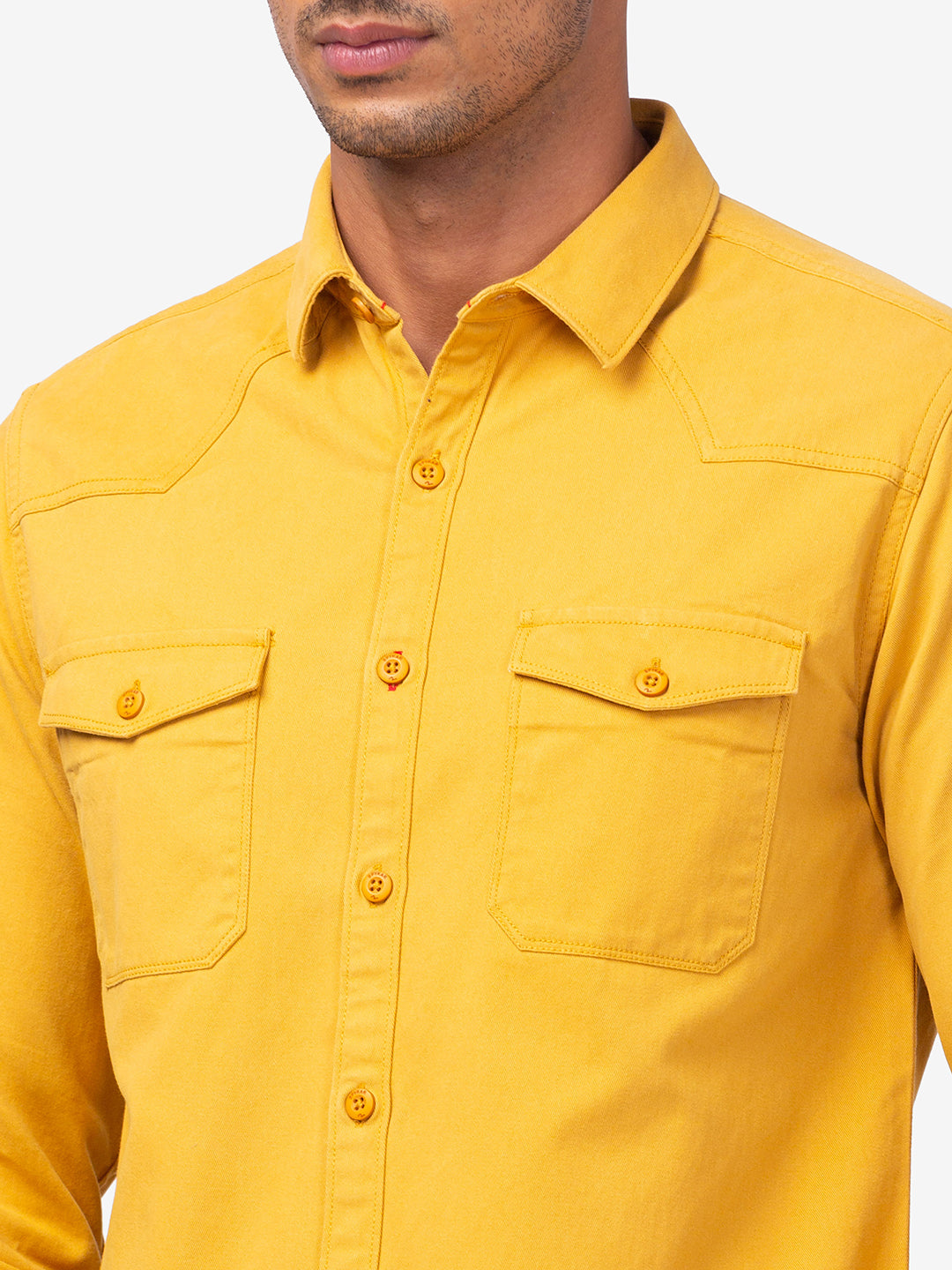 Spykar Men Mustard Yellow Cotton Slim Fit Plain Shirts