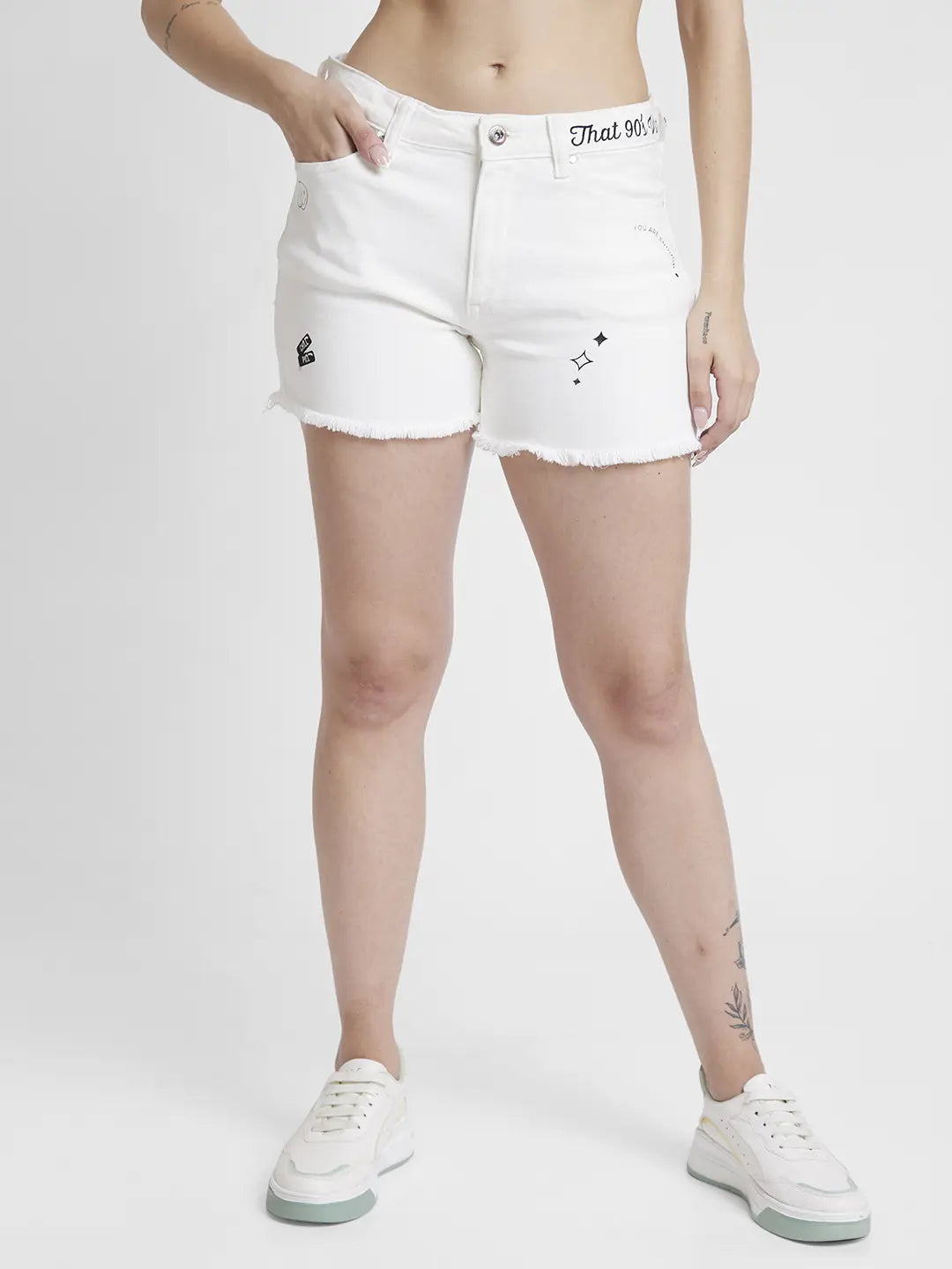 White knee length denim shorts hotsell