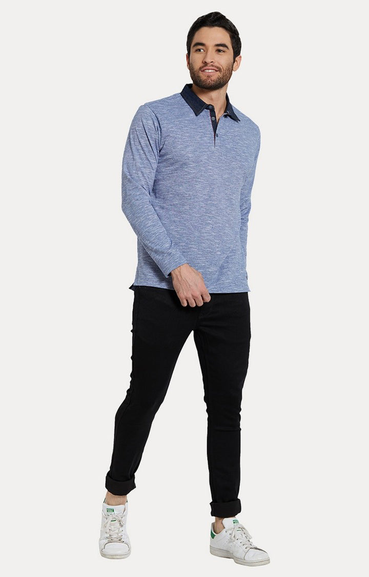 Spykar Blue Melange Slim Fit Polo T-Shirt