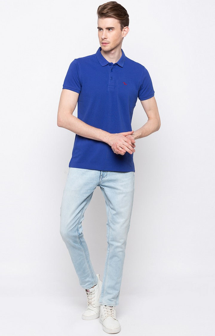 Spykar Royal Blue Solid Slim Fit Polo T-Shirt