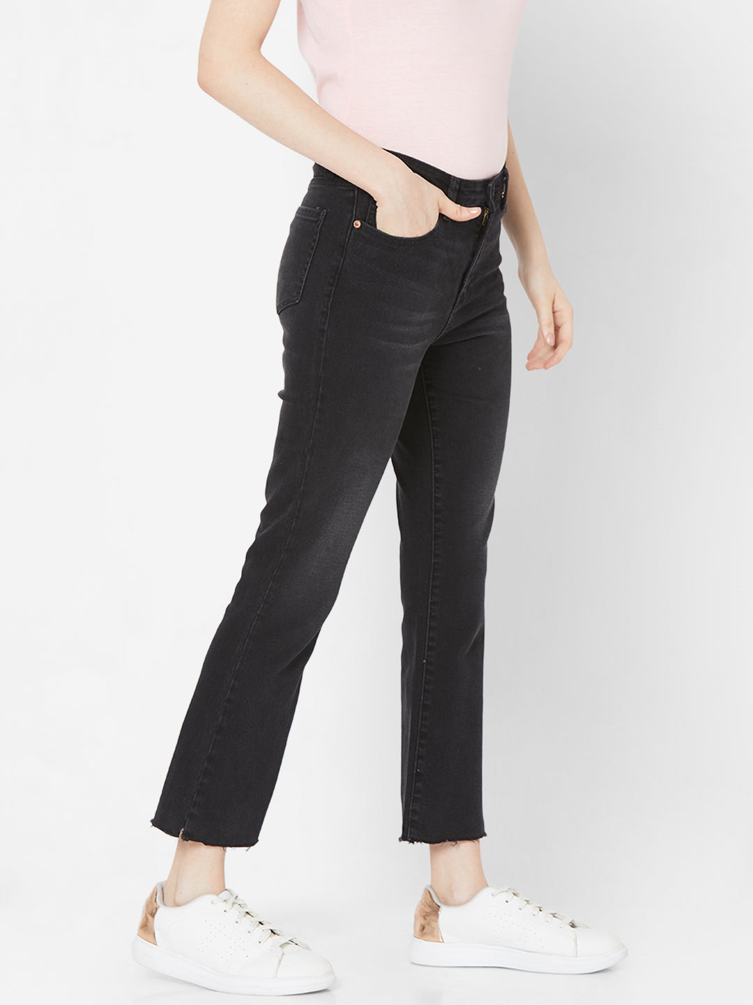 Spykar Women Black Cotton Flare Fit Ankle Length Jeans (Elissa)