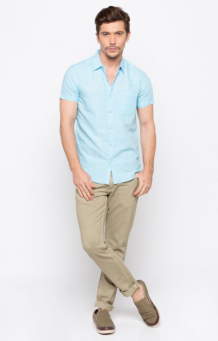 Spykar Men'S Blue Cotton Solid Casual Shirts