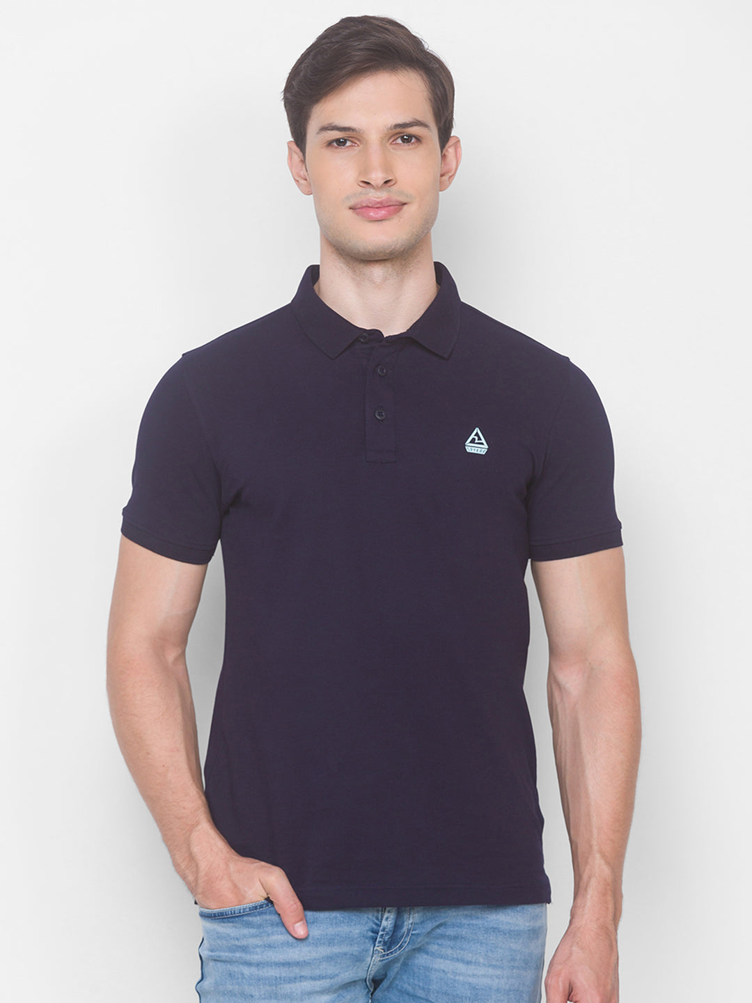 Spykar Men Blue Cotton Slim Fit Polo T-Shirt