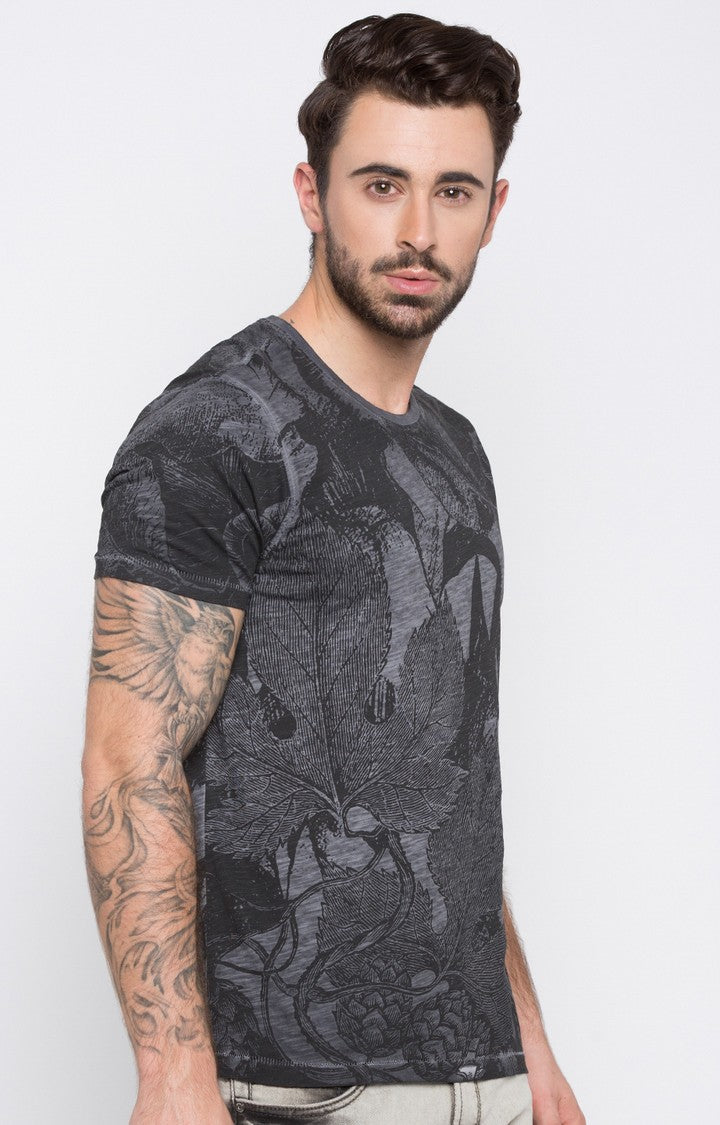 Spykar Grey Printed Slim Fit Men T-Shirts