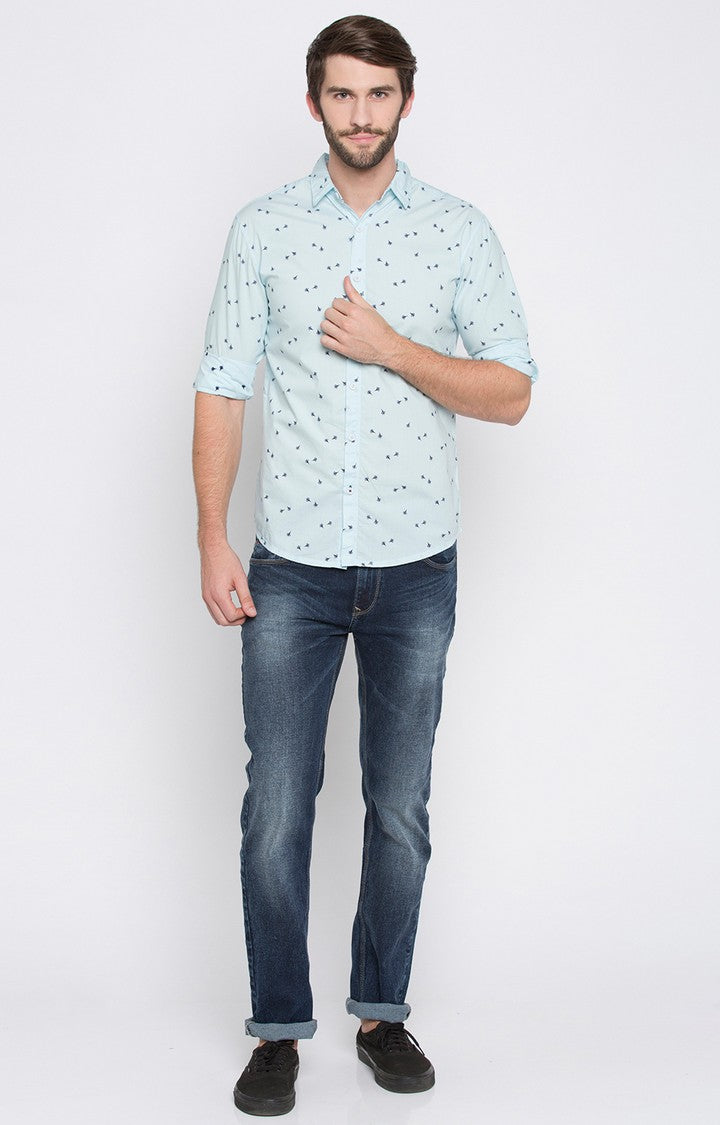 Spykar Men'S Blue Cotton Printed Casual Shirts