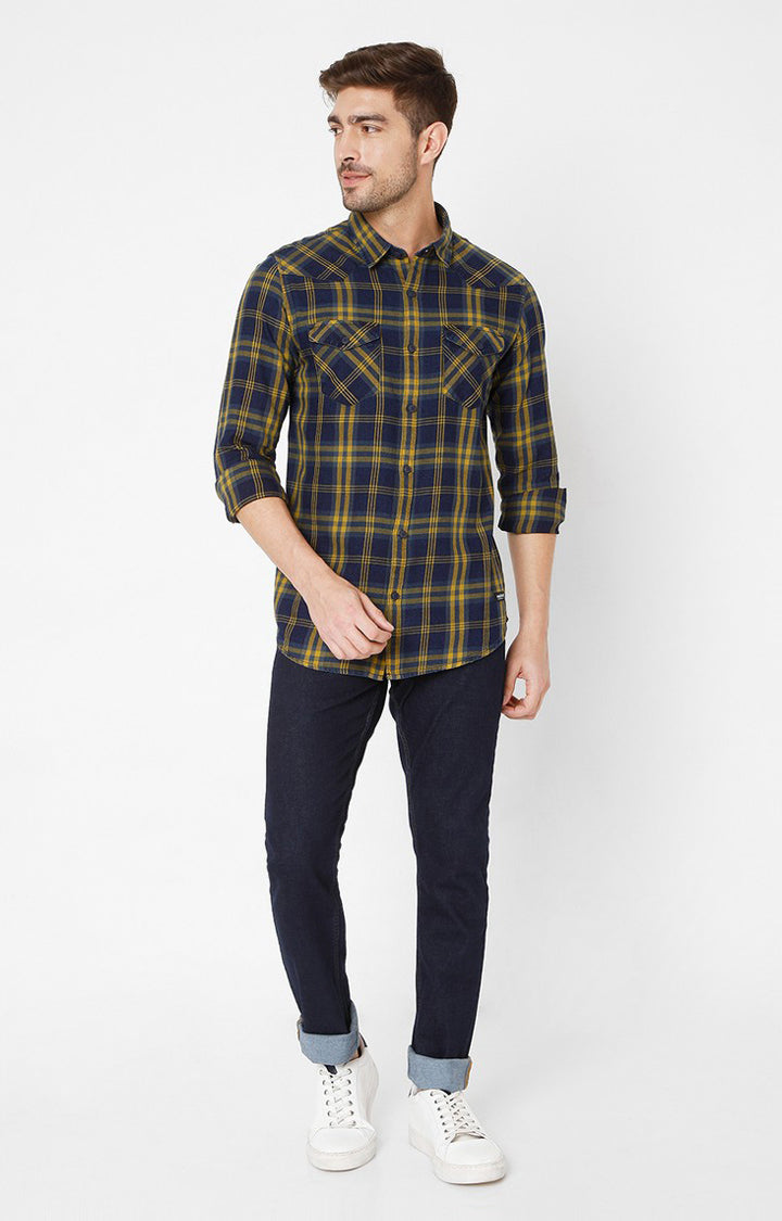 Spykar Yellow Cotton Slim Fit Shirts For Men