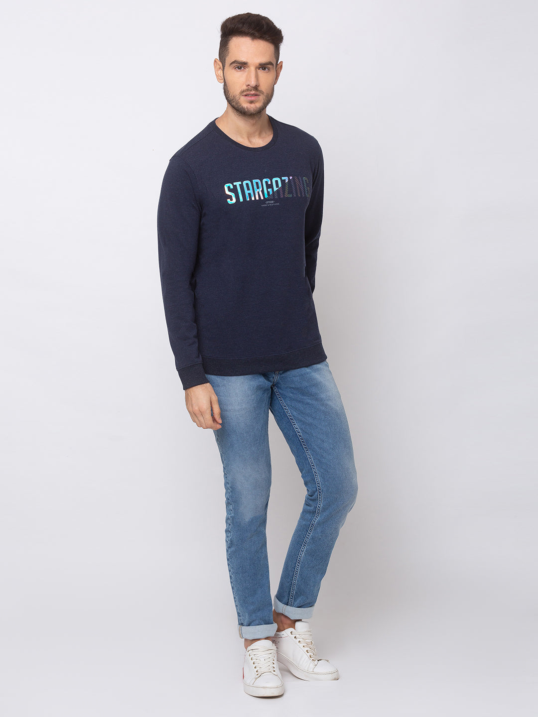 Spykar Navy Blue Blended Slim Fit Sweatshirt For Men