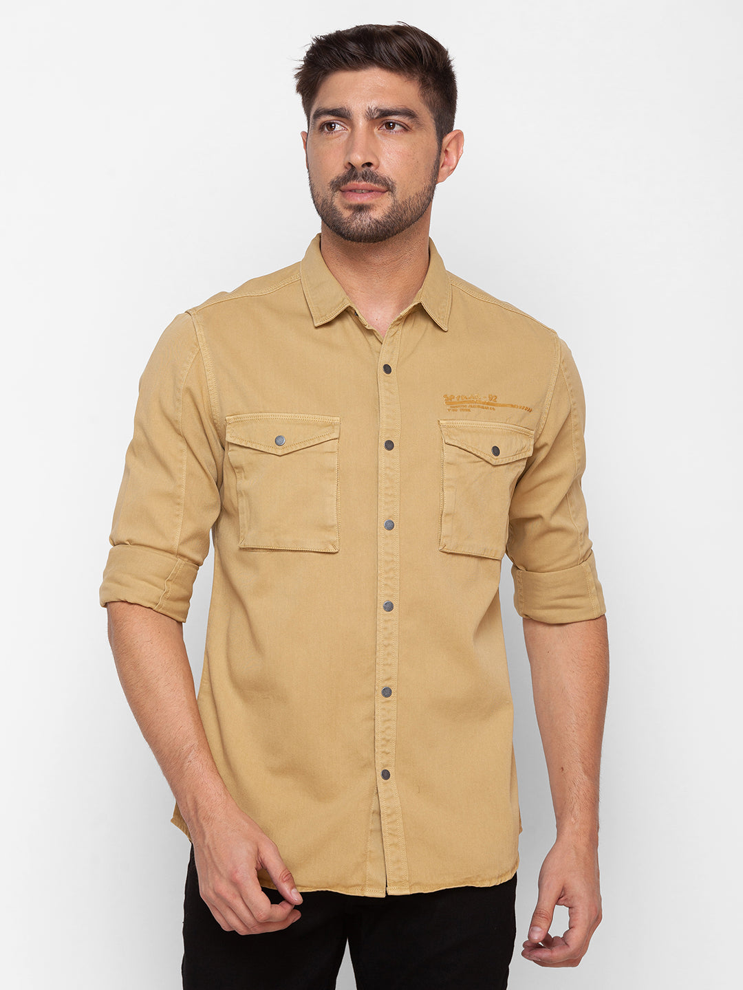 Spykar Camel Khaki Cotton Full Sleeve Plain Shirt For Men