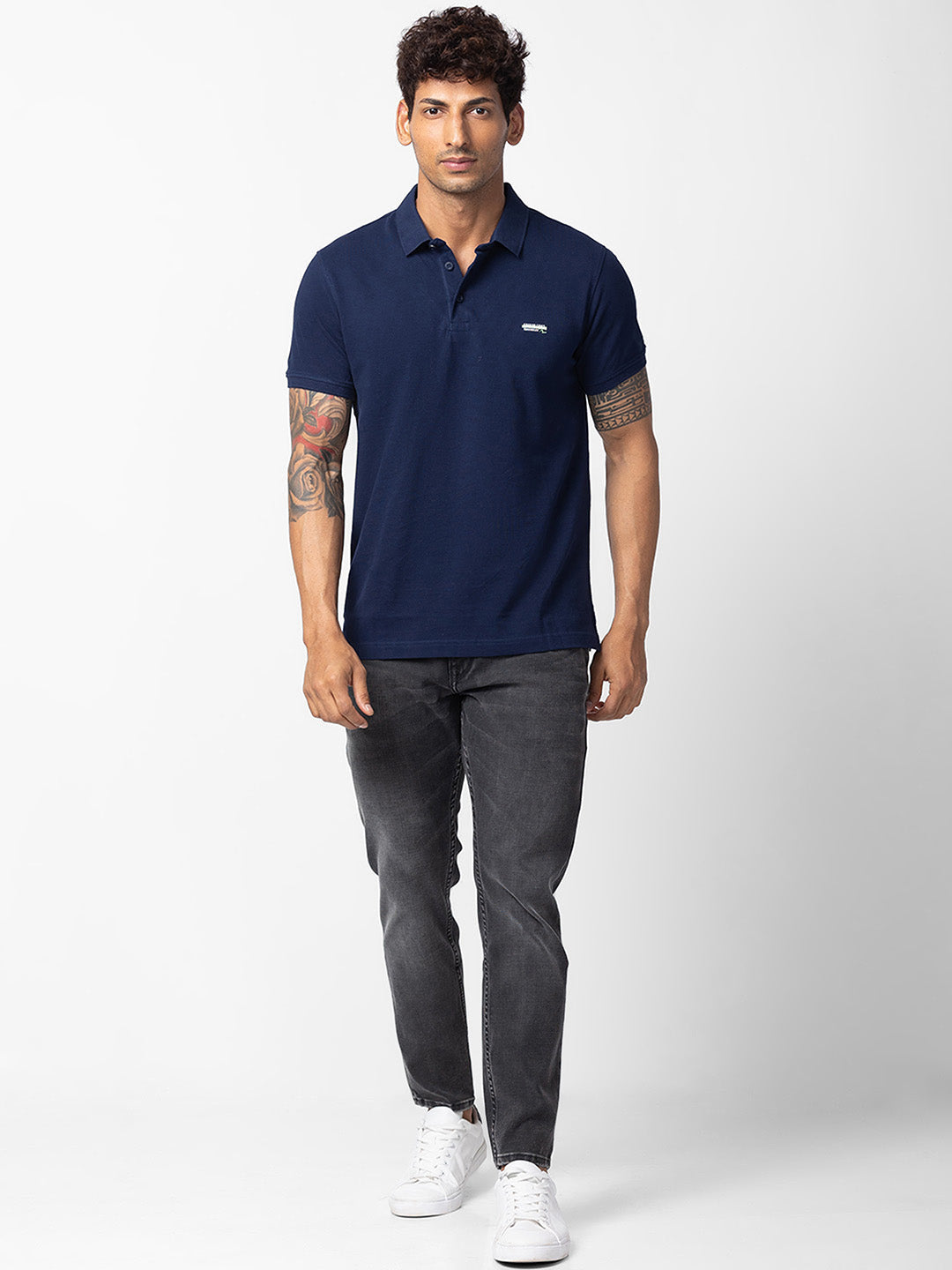 Spykar Men Navy Blue Cotton Regular Fit Half Sleeve Plain Polo T-Shirt