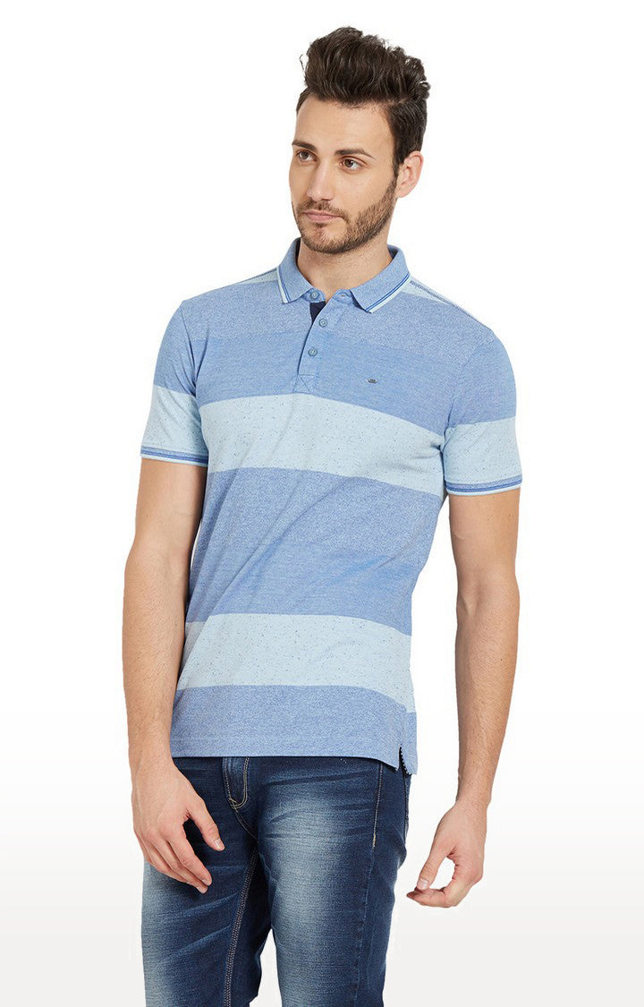 Spykar Blue Striped Slim Fit Polo T-Shirt