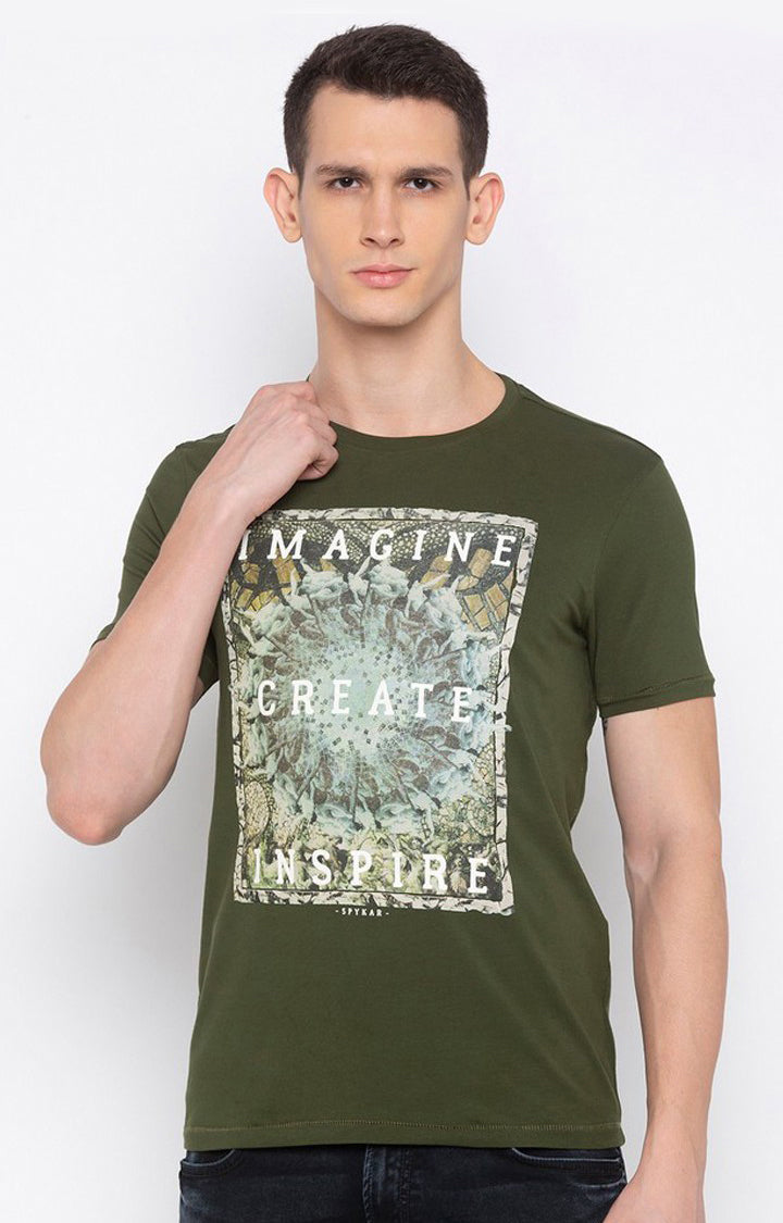 Spykar Men Green Cotton Slim Fit Round Neck T-Shirt