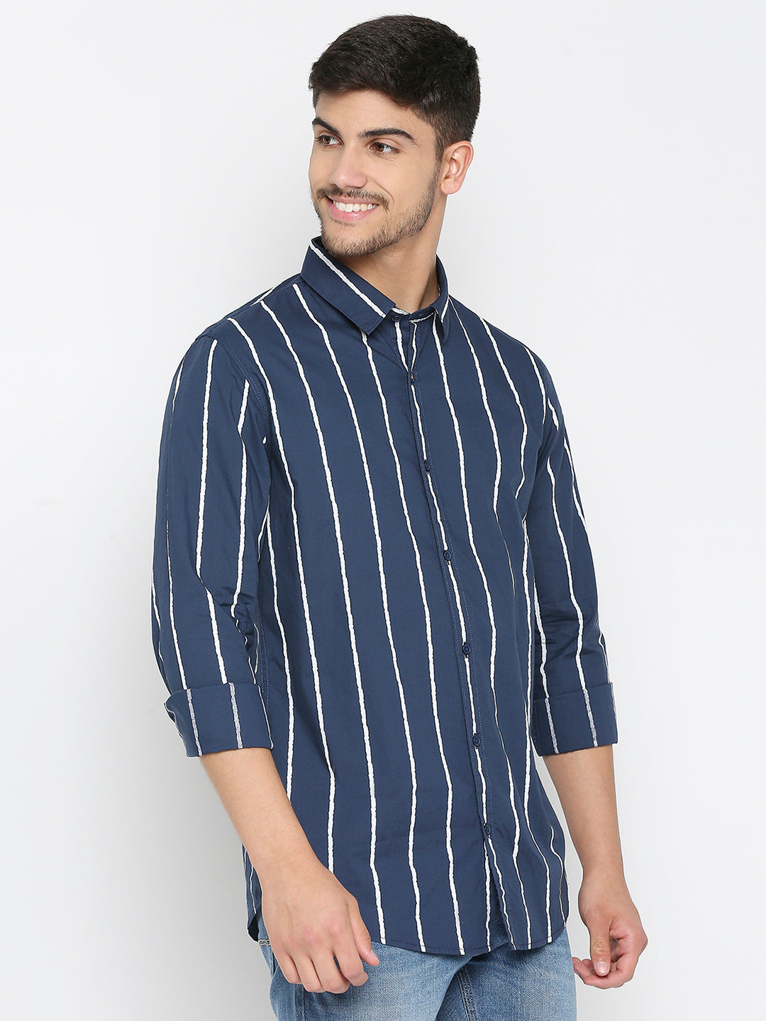 Spykar Navy Blue Cotton Full Sleeve Stripes Shirt For Men