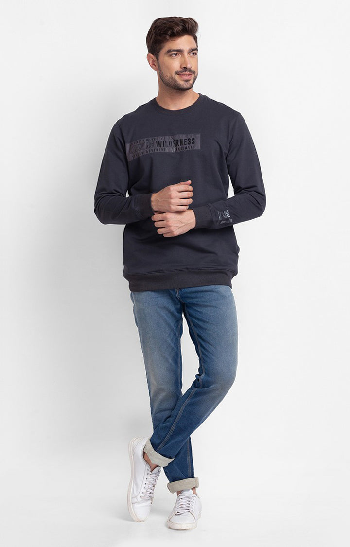 Spykar Slate Grey Cotton Full Sleeve Round Neck Sweatshirt For Men