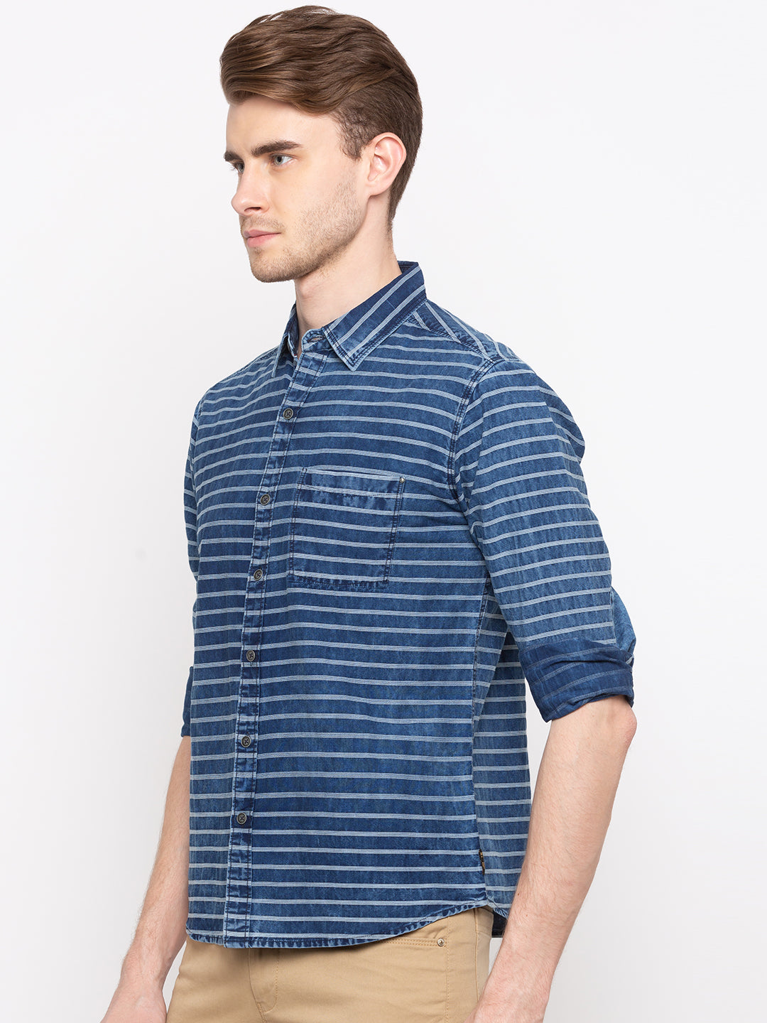 Spykar Men Indigo Striped Slim Fit Casual Shirt