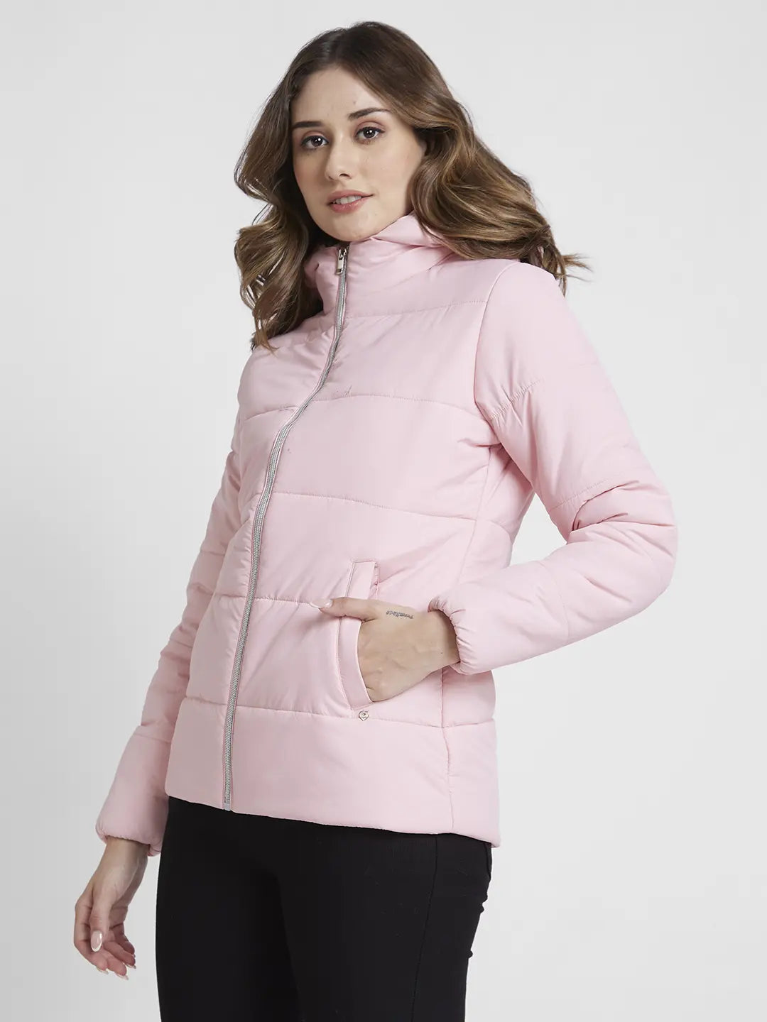 Spykar Women Baby Pink Regular Fit Hooded Plain Jacket