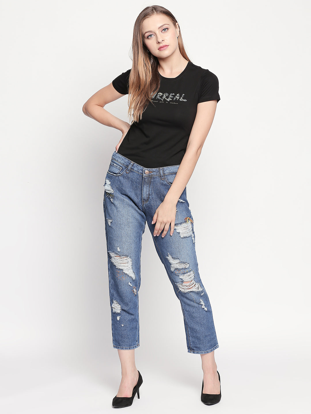 Spykar Mid Blue Ripped High Rise Jeans For Women