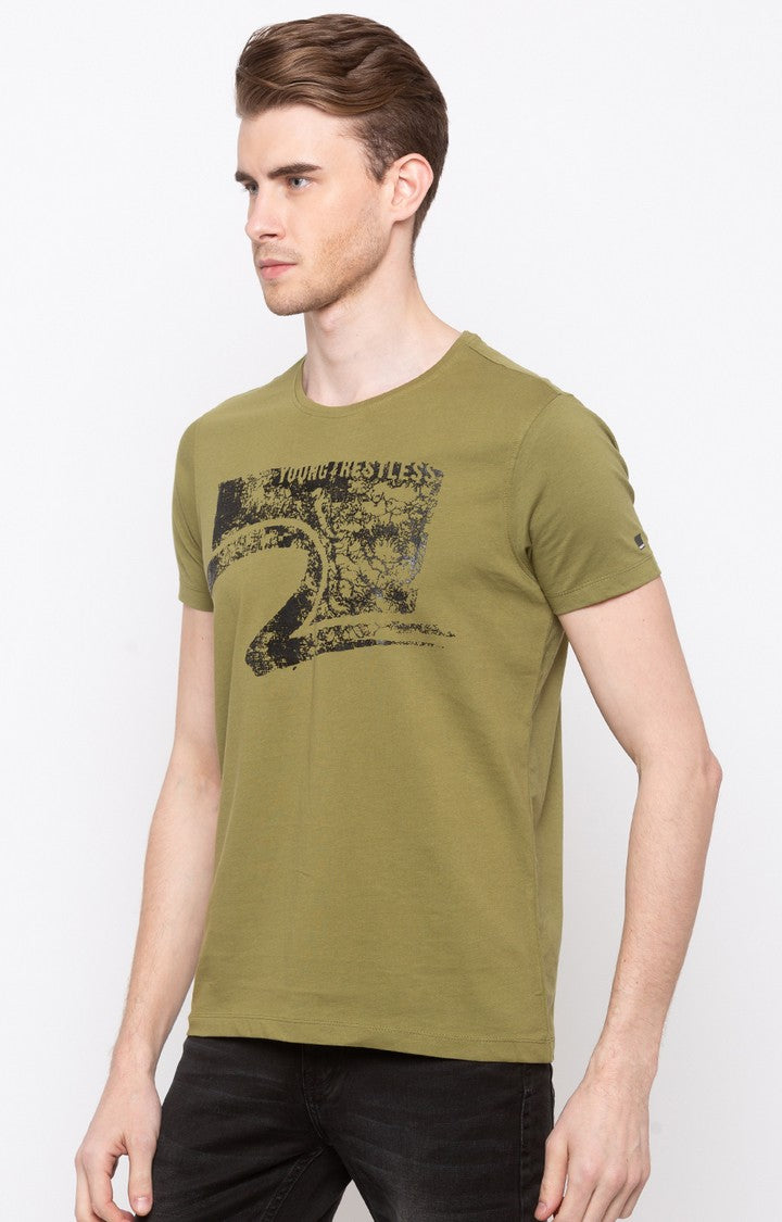 Spykar Olive Printed Slim Fit Men T-Shirts