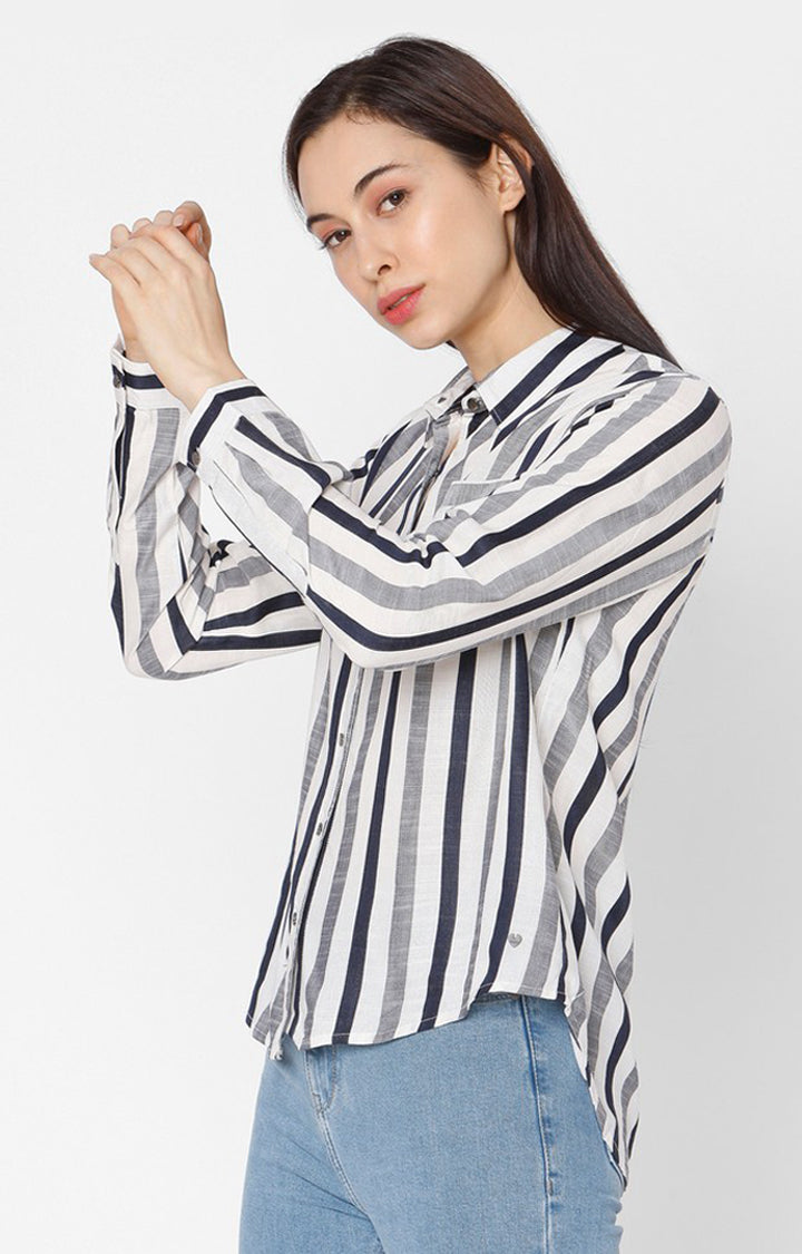 Spykar Women White Viscose Striped Casual Shirts