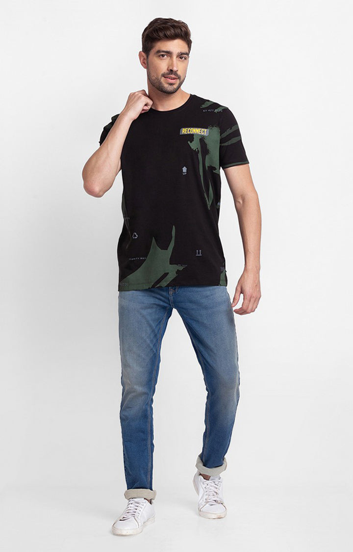 Spykar Black Cotton Half Sleeve Printed Casual T-Shirt For Men