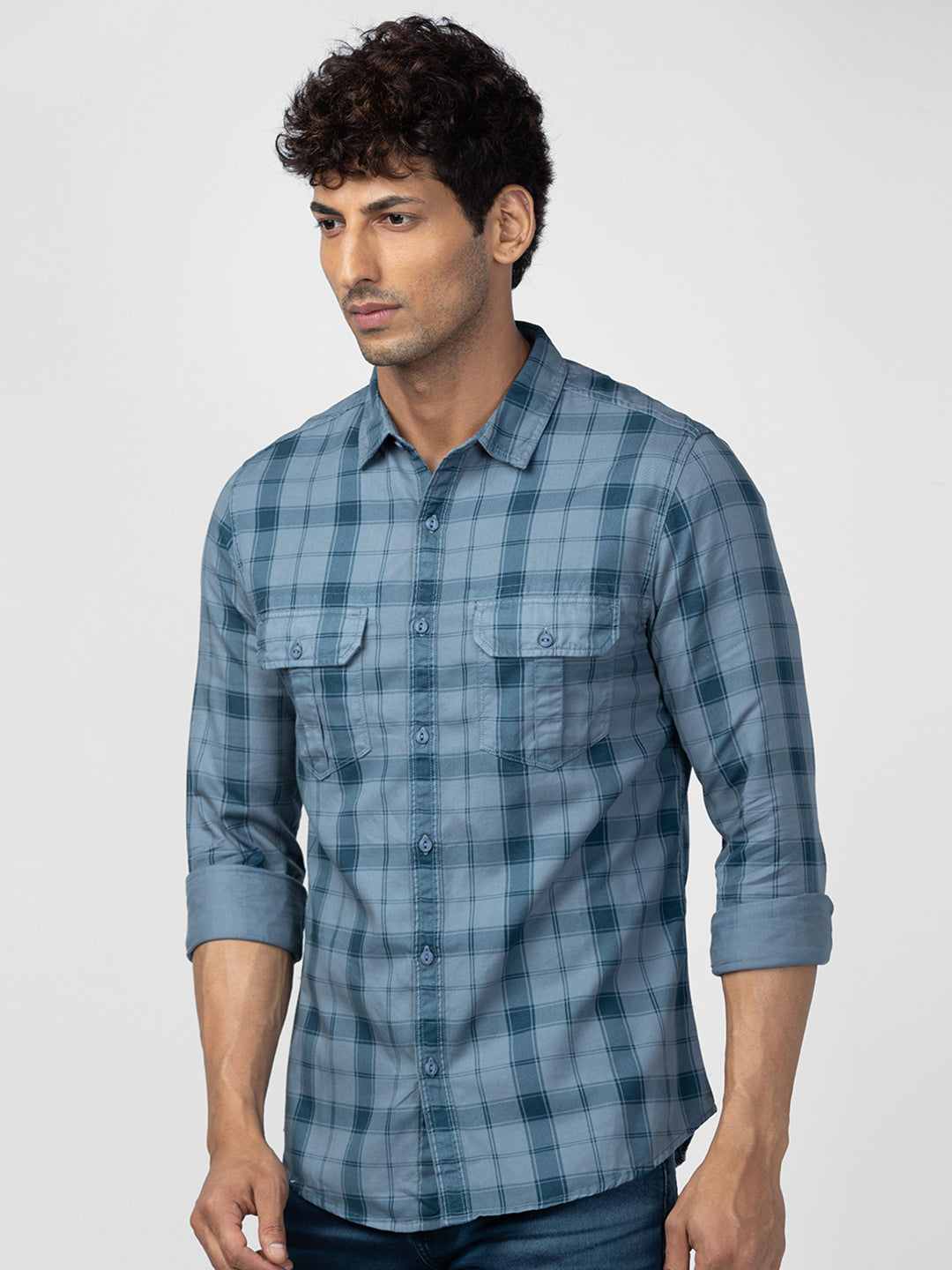 Spykar Men Dark Grey Cotton Slim Fit Checkered Shirt