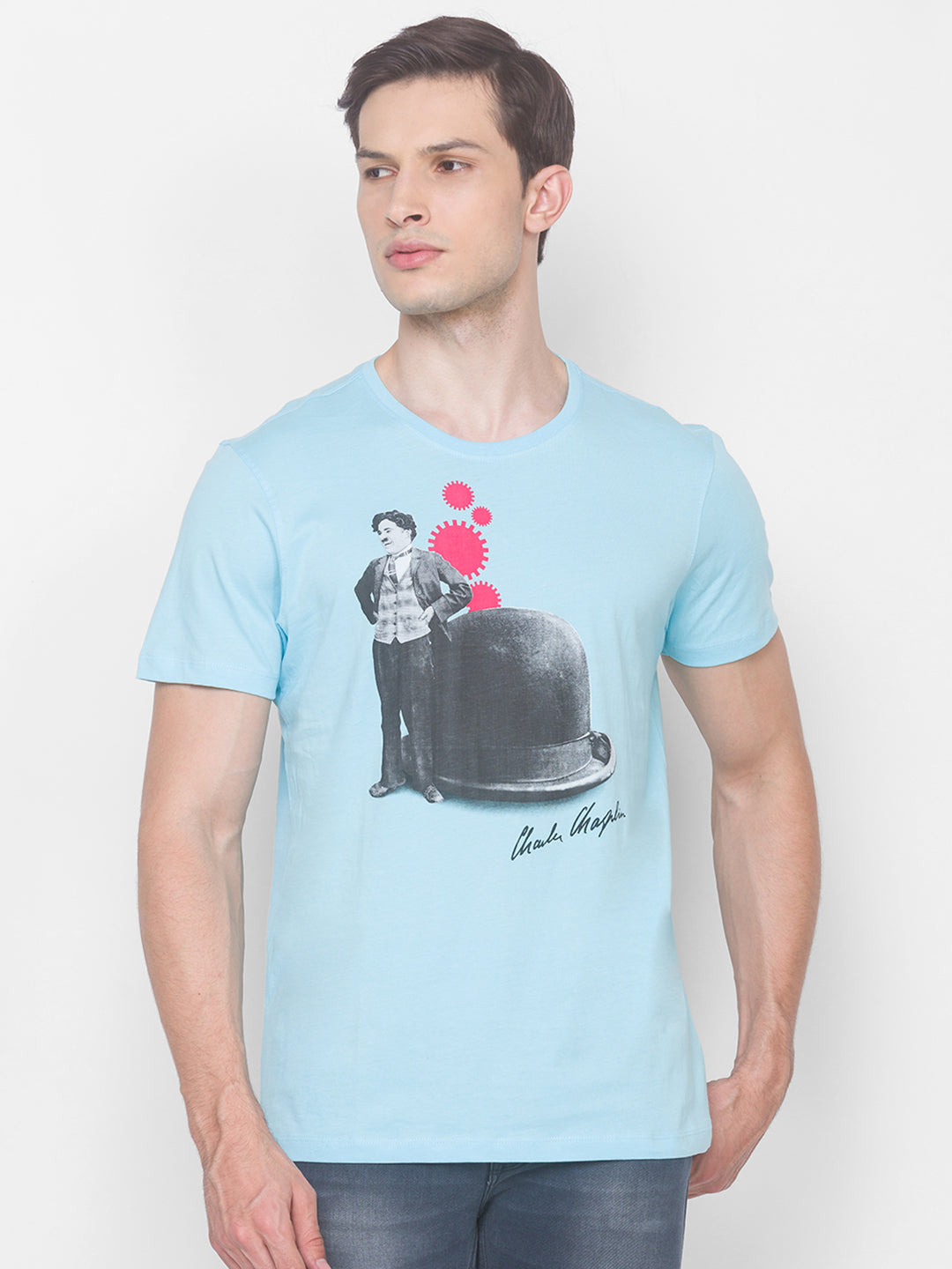 Charlie Chaplin Spykar Men Blue Cotton Slim Fit Round Neck T-Shirt