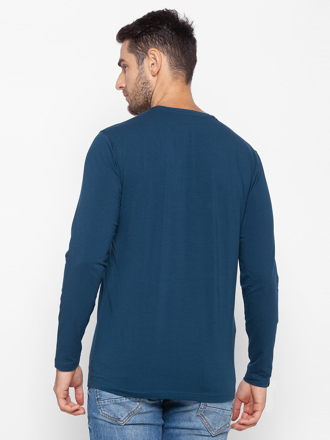 Spykar Men Blue Cotton Slim Fit Round Neck T-Shirt