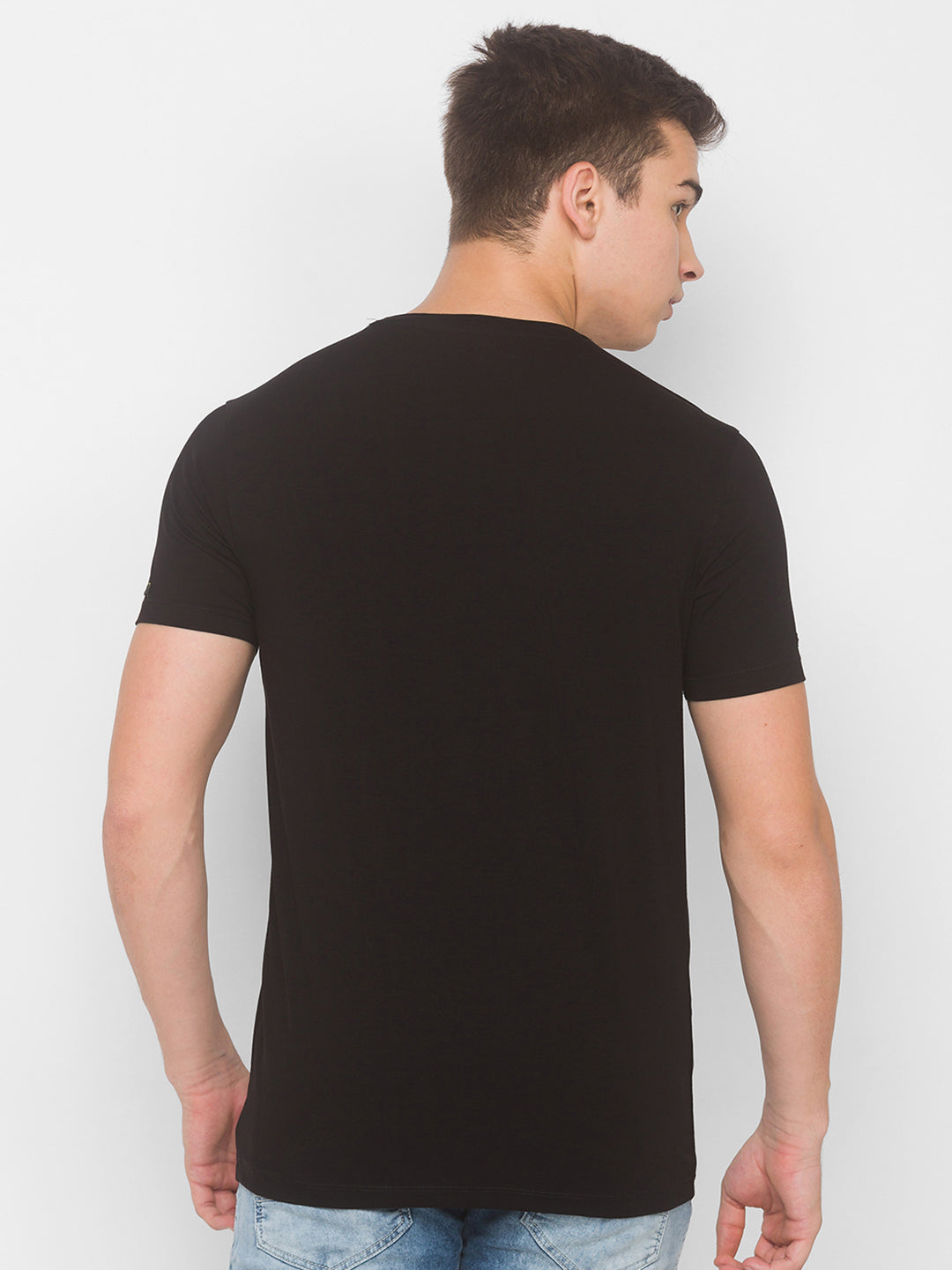 Spykar Men Black Cotton Slim Fit Round Neck T-Shirt