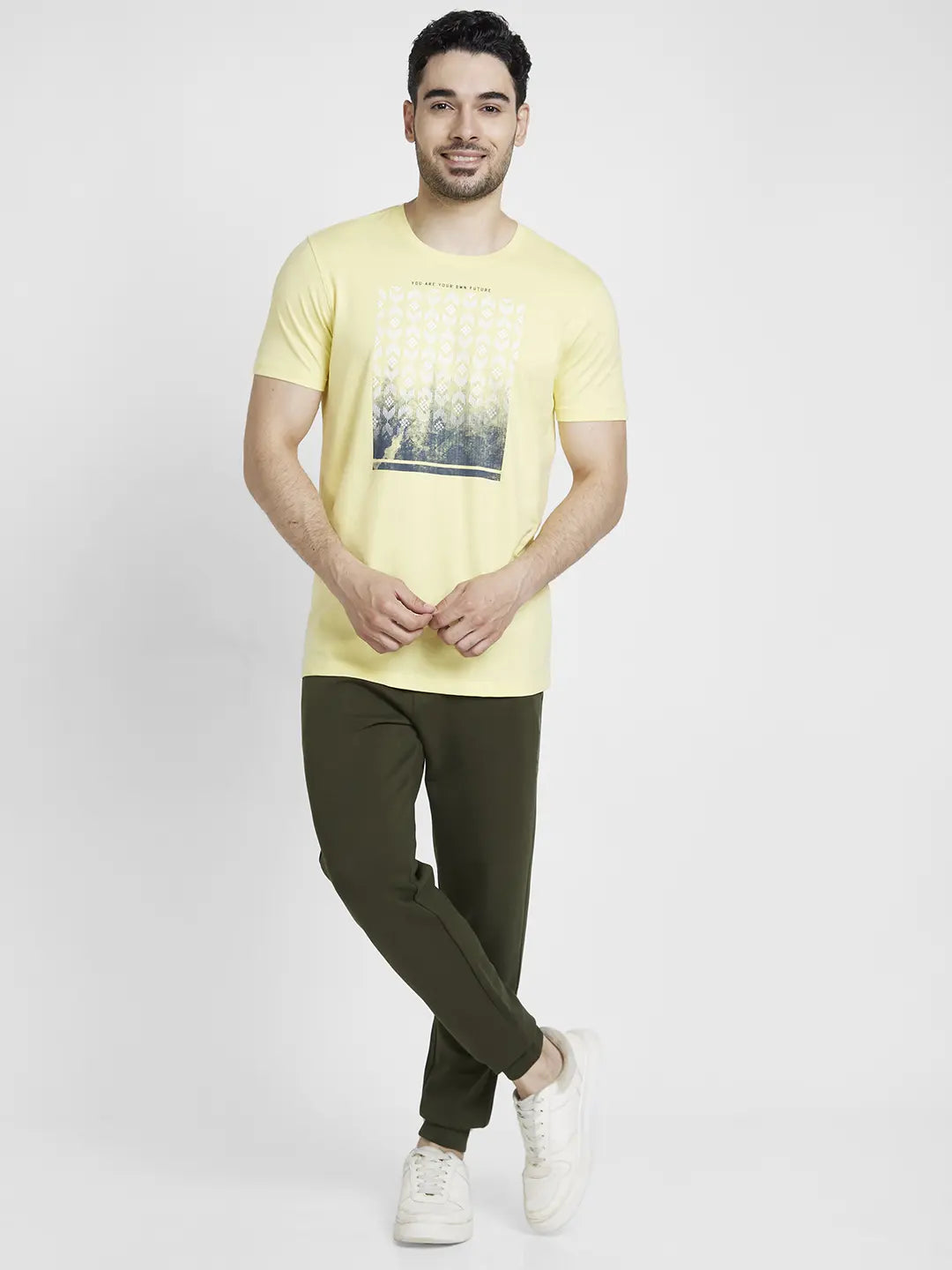 Spykar Men Powder Yellow Cotton Slim Fit Printed Round Neck Tshirt