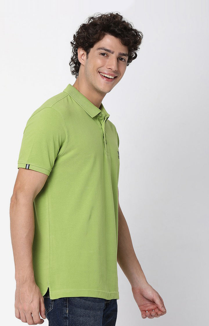 Men Premium Spinach Green Cotton Polo T-Shirts- Underjeans By Spykar