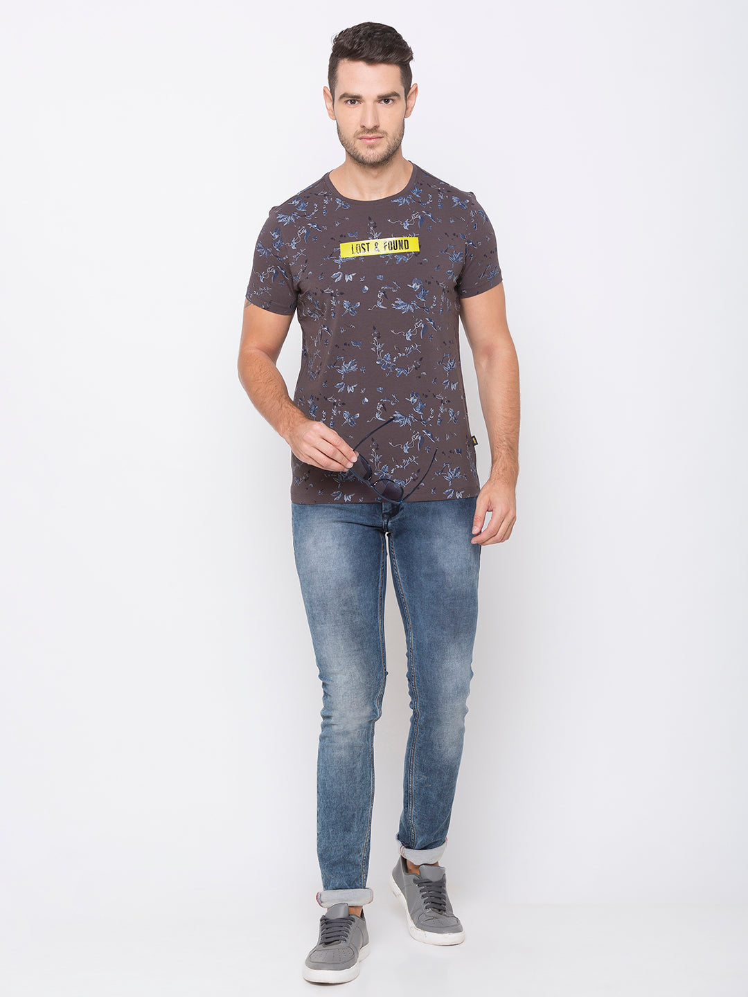 Spykar Men Grey Cotton Slim Fit Round Neck T-Shirt