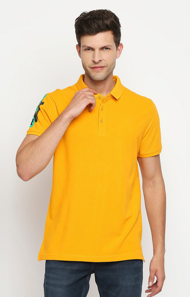 Spykar Men Yellow Cotton Printed Half Sleeve Polo T-Shirt