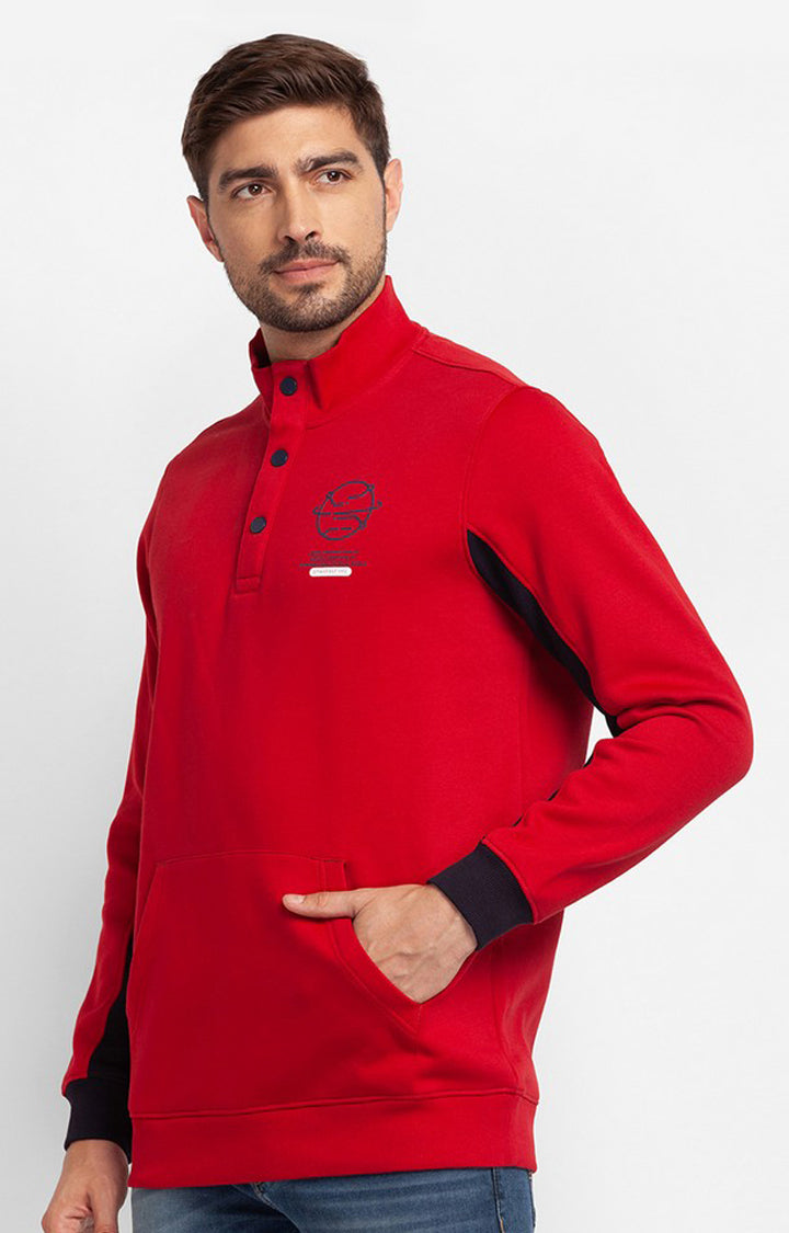 Spykar True Red Cotton Full Sleeve High Neck Sweatshirt For Men