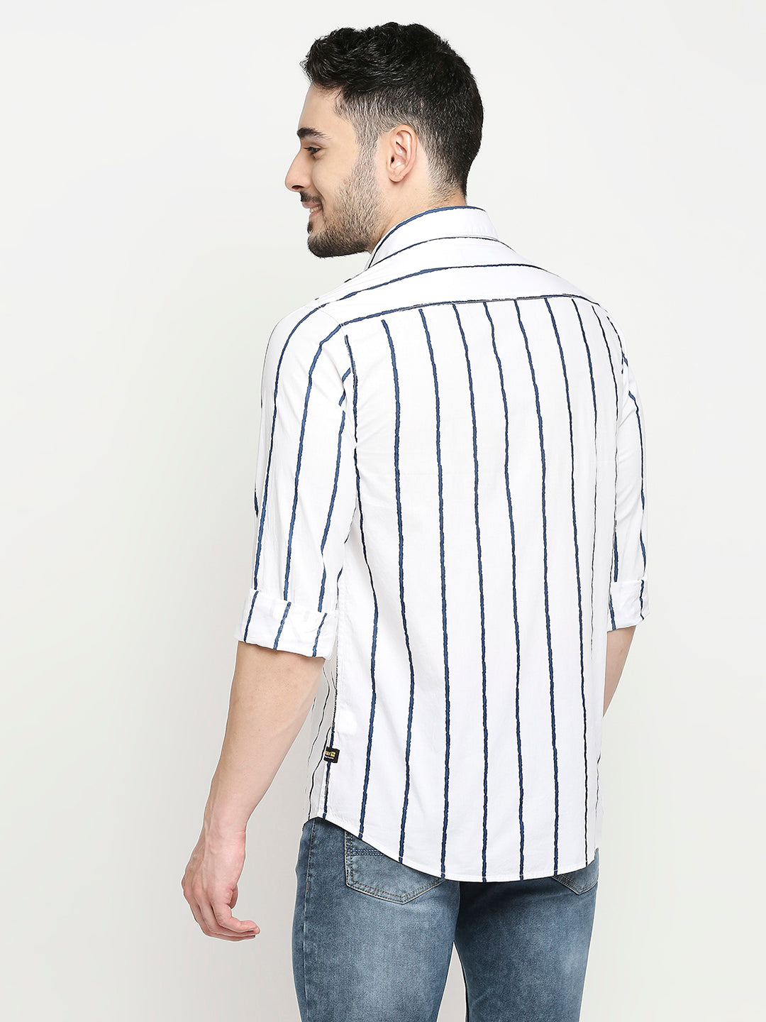 Spykar White Cotton Full Sleeve Striped Shirt For Men