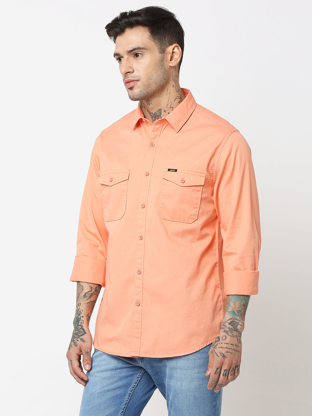 Spykar Men Peach Cotton Slim Fit Plain Shirts