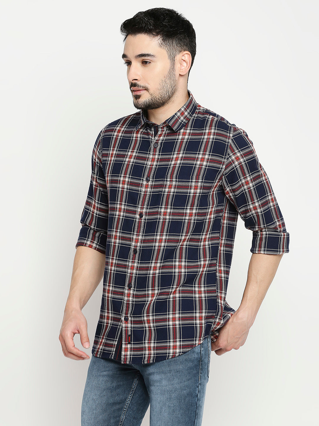 Spykar Navy Rust Cotton Full Sleeve Checkered Shirt For Men