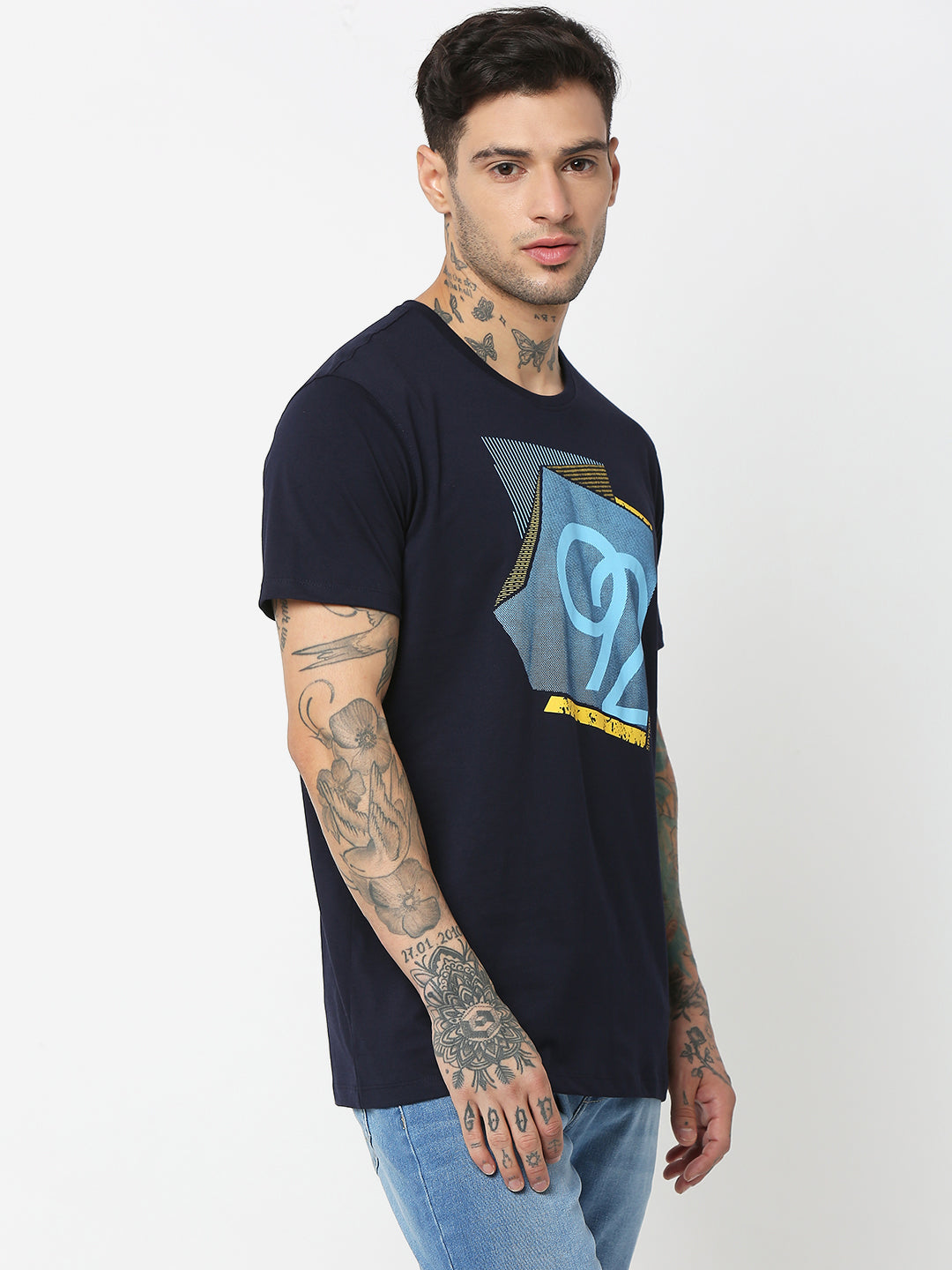 Spykar Men Blue Cotton Slim Fit Round Neck Printed T-Shirt