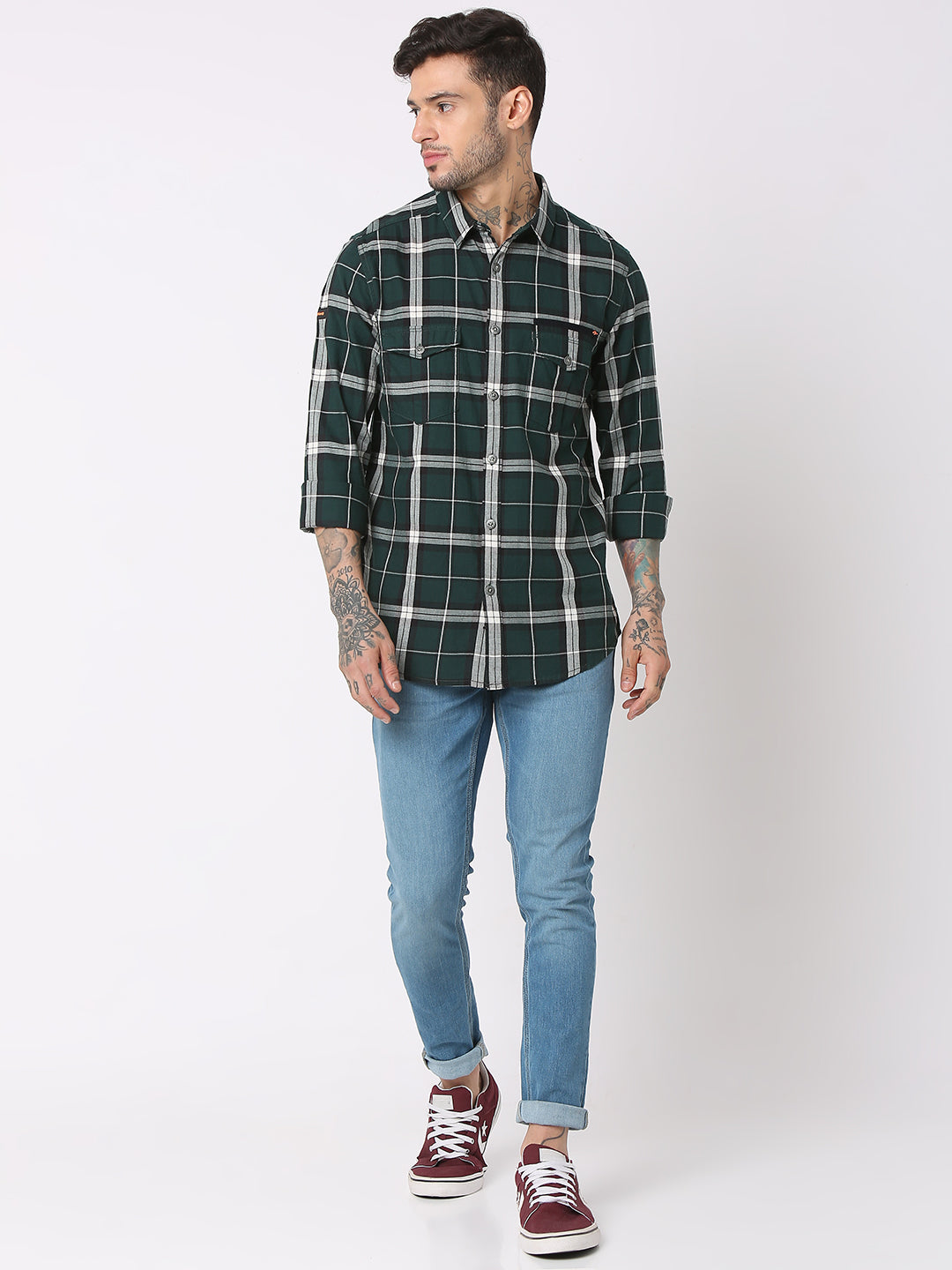 Spykar Men Bottle Green Cotton Regular Fit Checkered Shirts