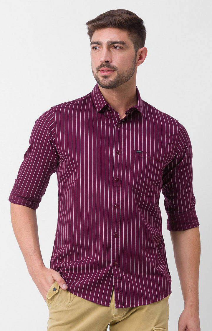 Spykar Dark Plum Cotton Full Sleeve Stripes Shirt For Men