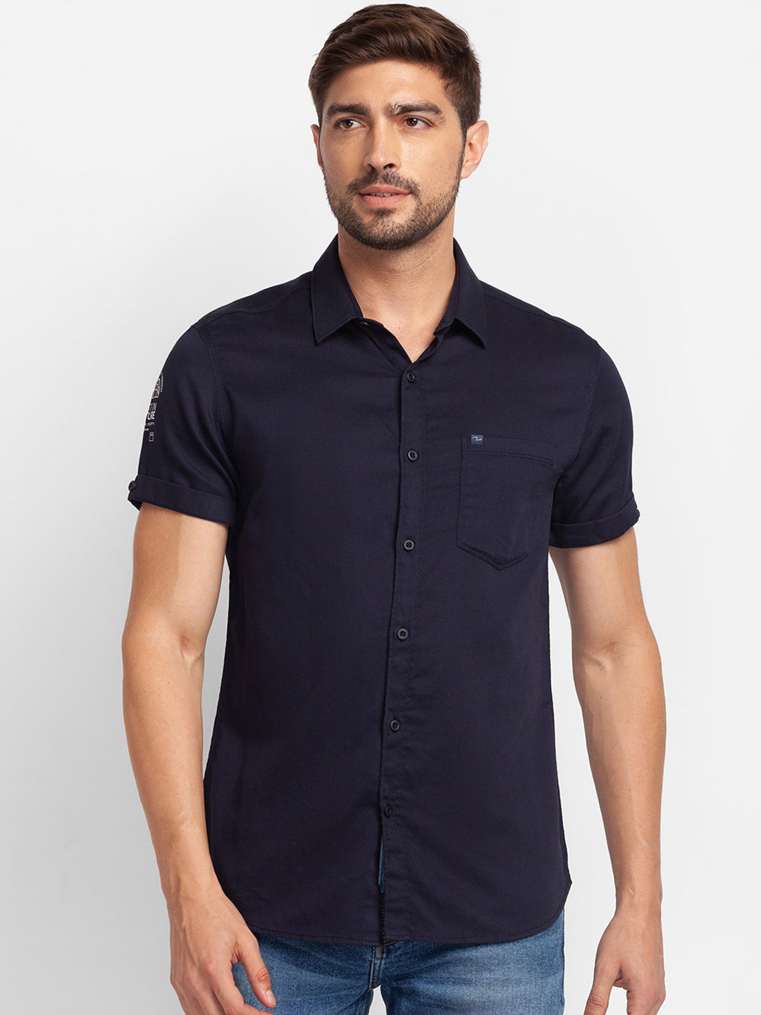 Spykar Navy Blue Cotton Half Sleeve Plain Shirt For Men