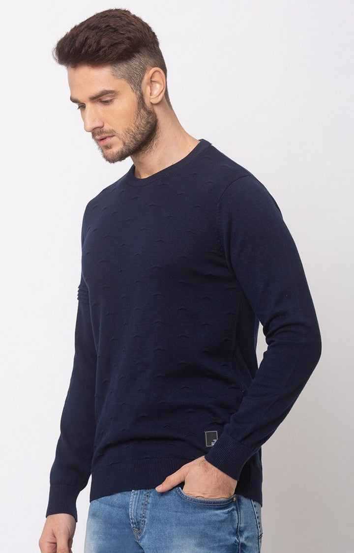 Spykar Blue Cotton Regular Fit Sweater For Men