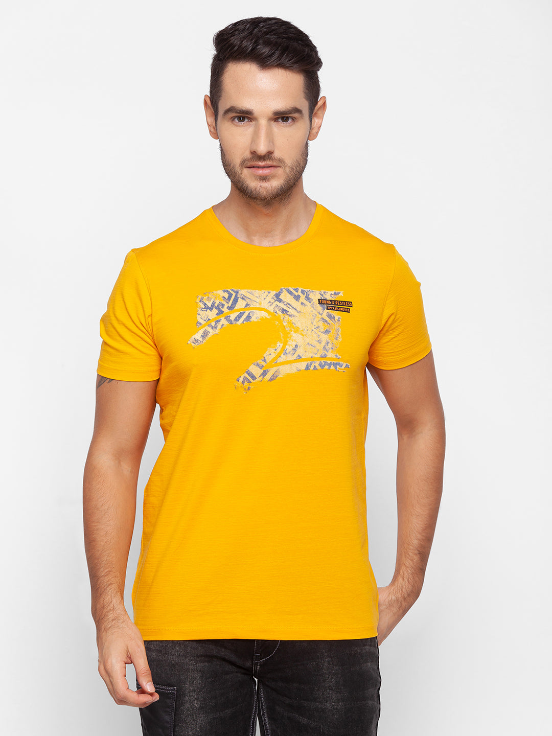 Spykar Men Yellow Cotton Slim Fit Round Neck T-Shirt