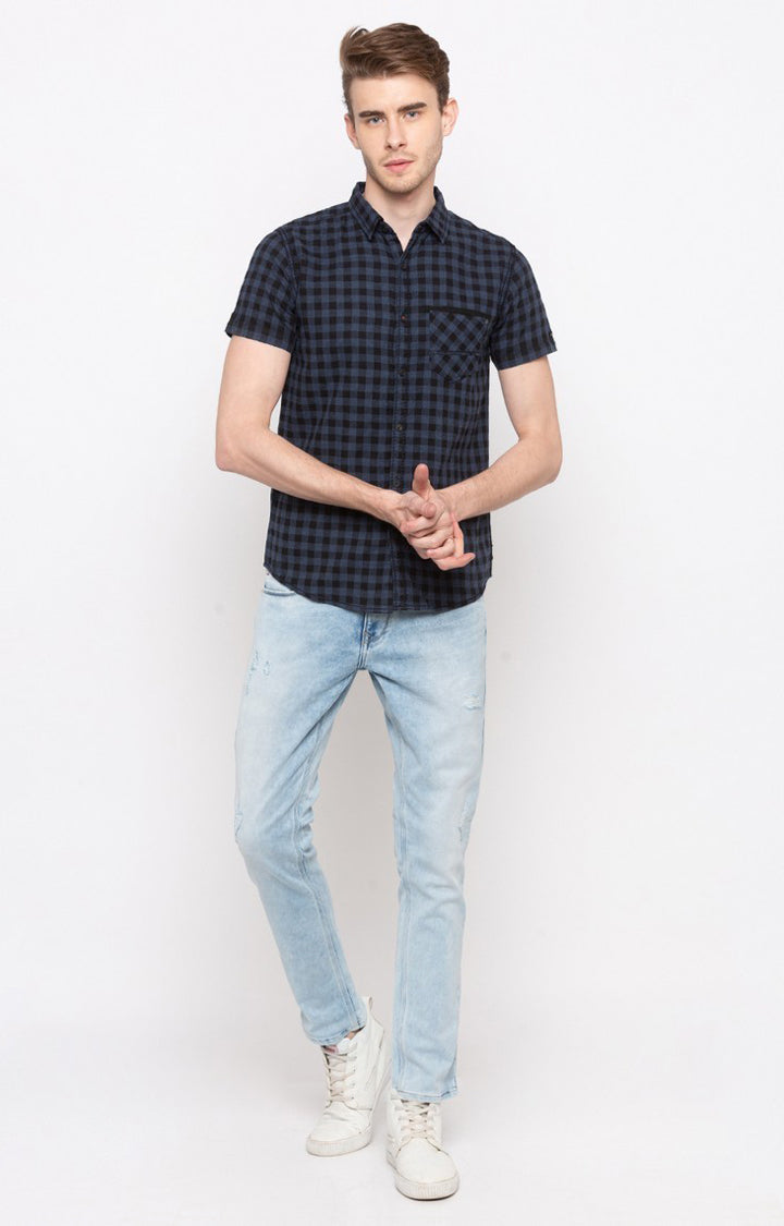 Spykar Men'S Blue Cotton Checked Casual Shirts