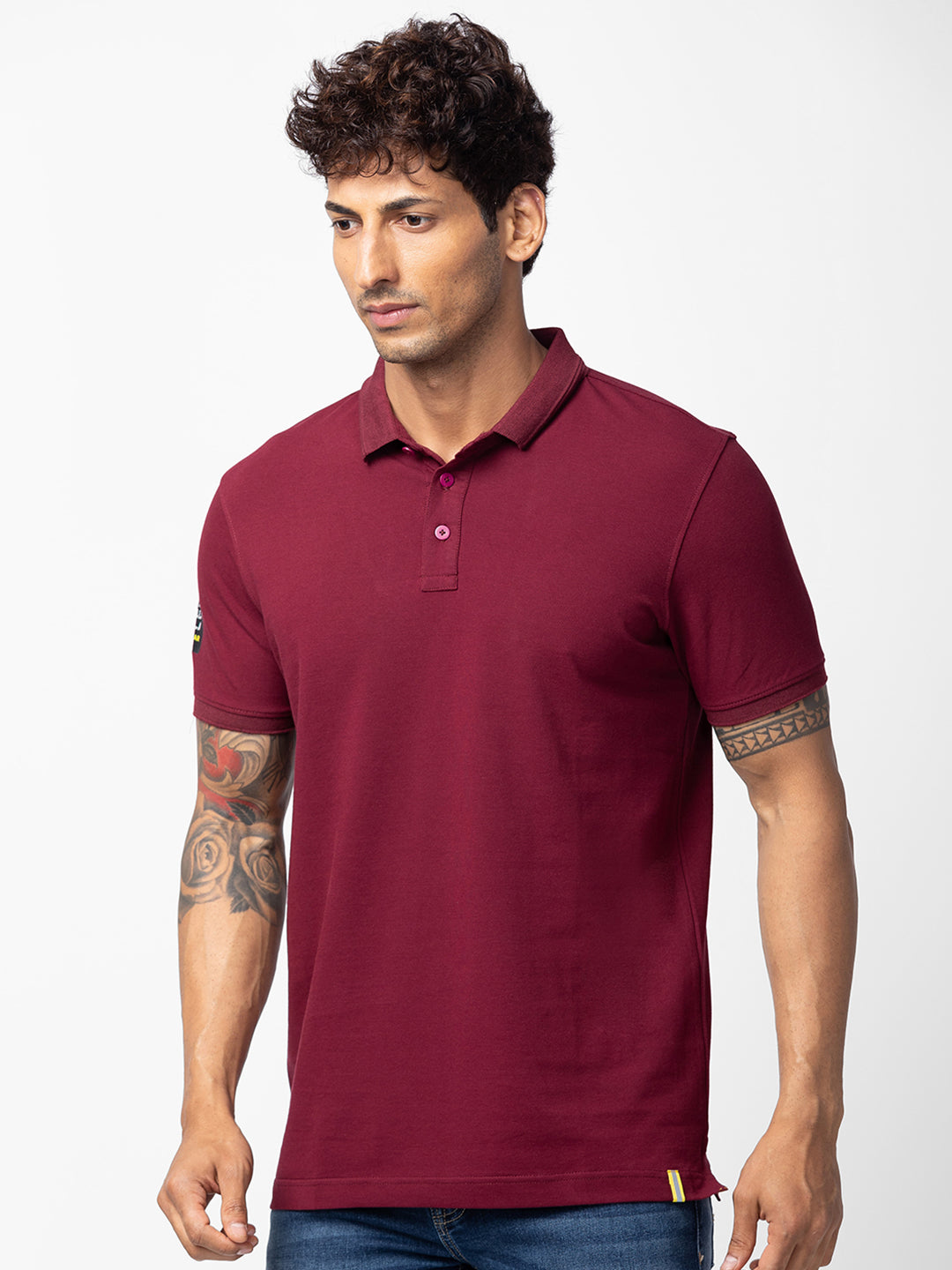 Spykar Men Wine Cotton Regular Fit Half Sleeve Plain Polo T-Shirt