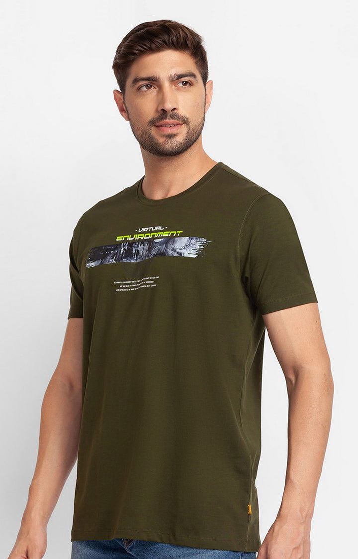 Spykar Rifle Green Cotton Half Sleeve Printed Casual T-Shirt For Men