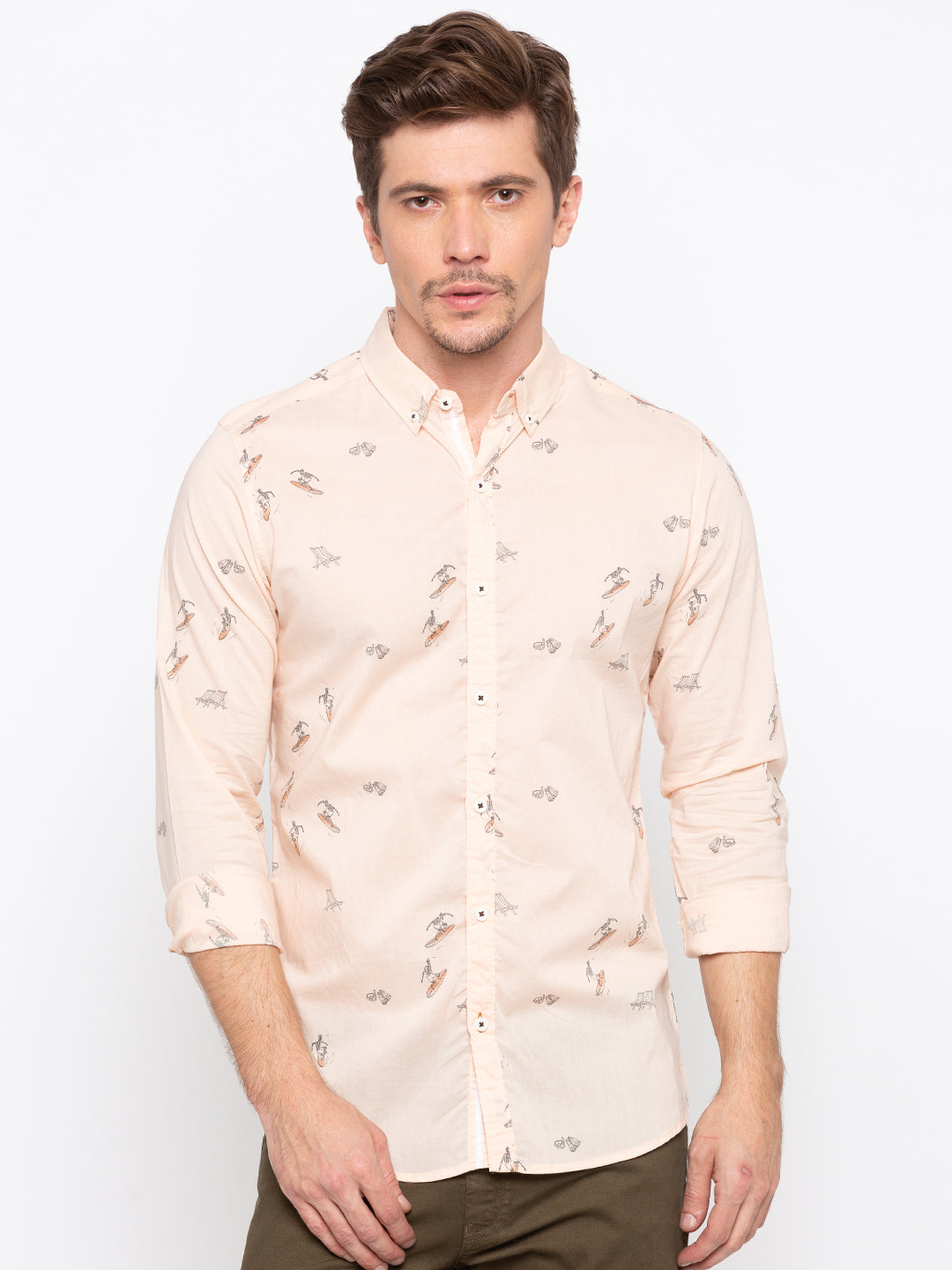 Spykar Men Peach Printed Slim Fit Casual Shirt